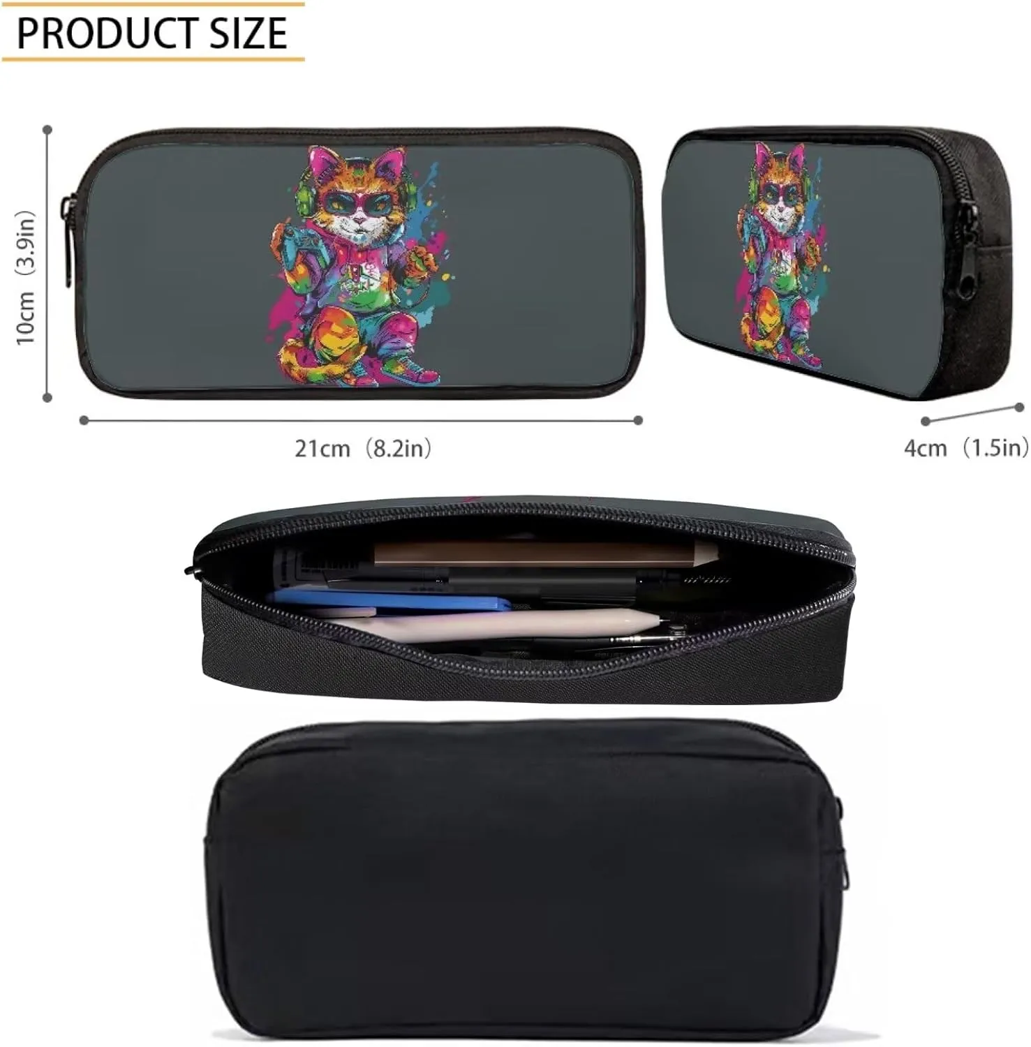 Howilath Cool Cat Game Player Pattern School Bag Set Game Lovers Backpack Casual Daypack Insulated Lunchbox Pencil Case 3 Piece for Teen Kids