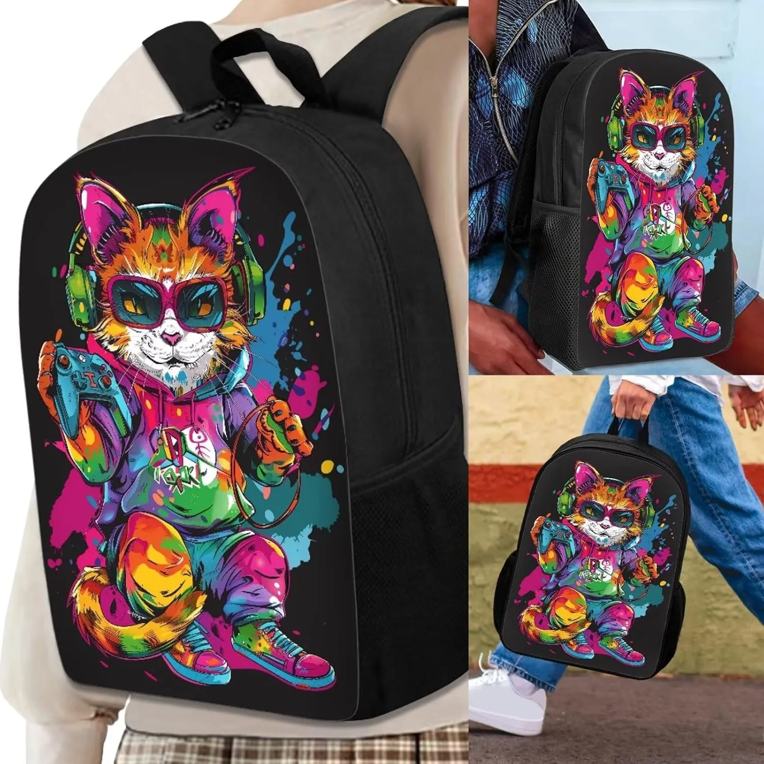 Howilath Cool Cat Game Player Pattern School Bag Set Game Lovers Backpack Casual Daypack Insulated Lunchbox Pencil Case 3 Piece for Teen Kids