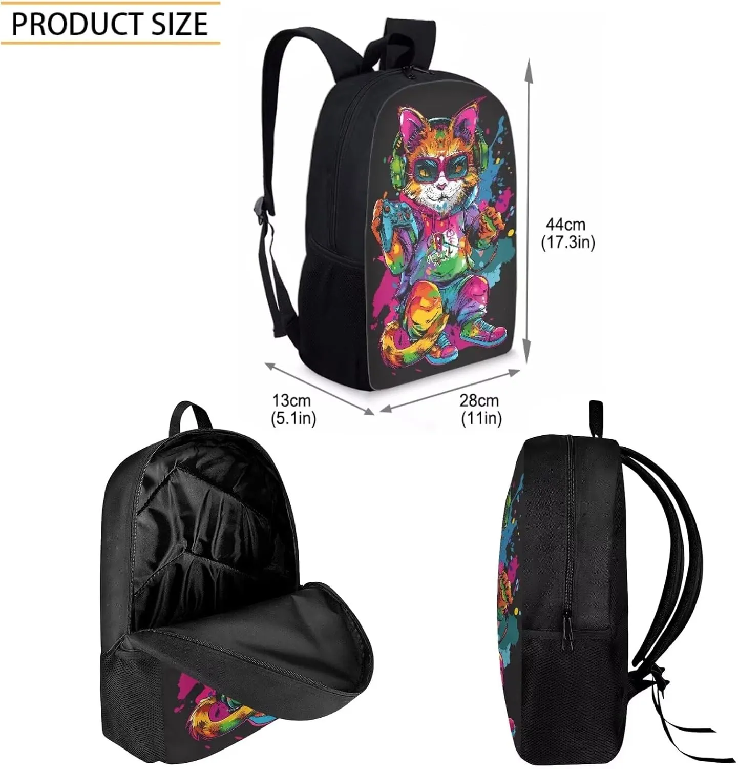 Howilath Cool Cat Game Player Pattern School Bag Set Game Lovers Backpack Casual Daypack Insulated Lunchbox Pencil Case 3 Piece for Teen Kids