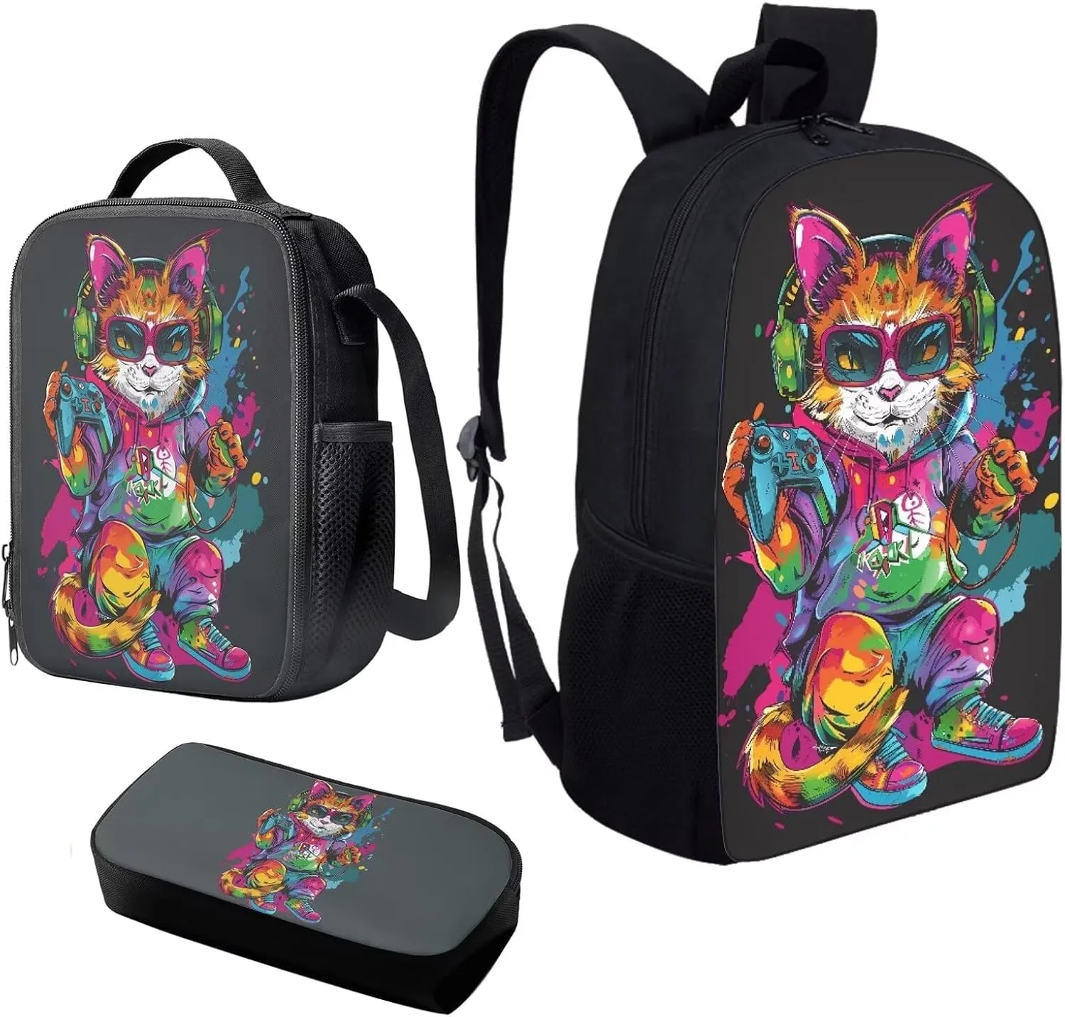 Howilath Cool Cat Game Player Pattern School Bag Set Game Lovers Backpack Casual Daypack Insulated Lunchbox Pencil Case 3 Piece for Teen Kids