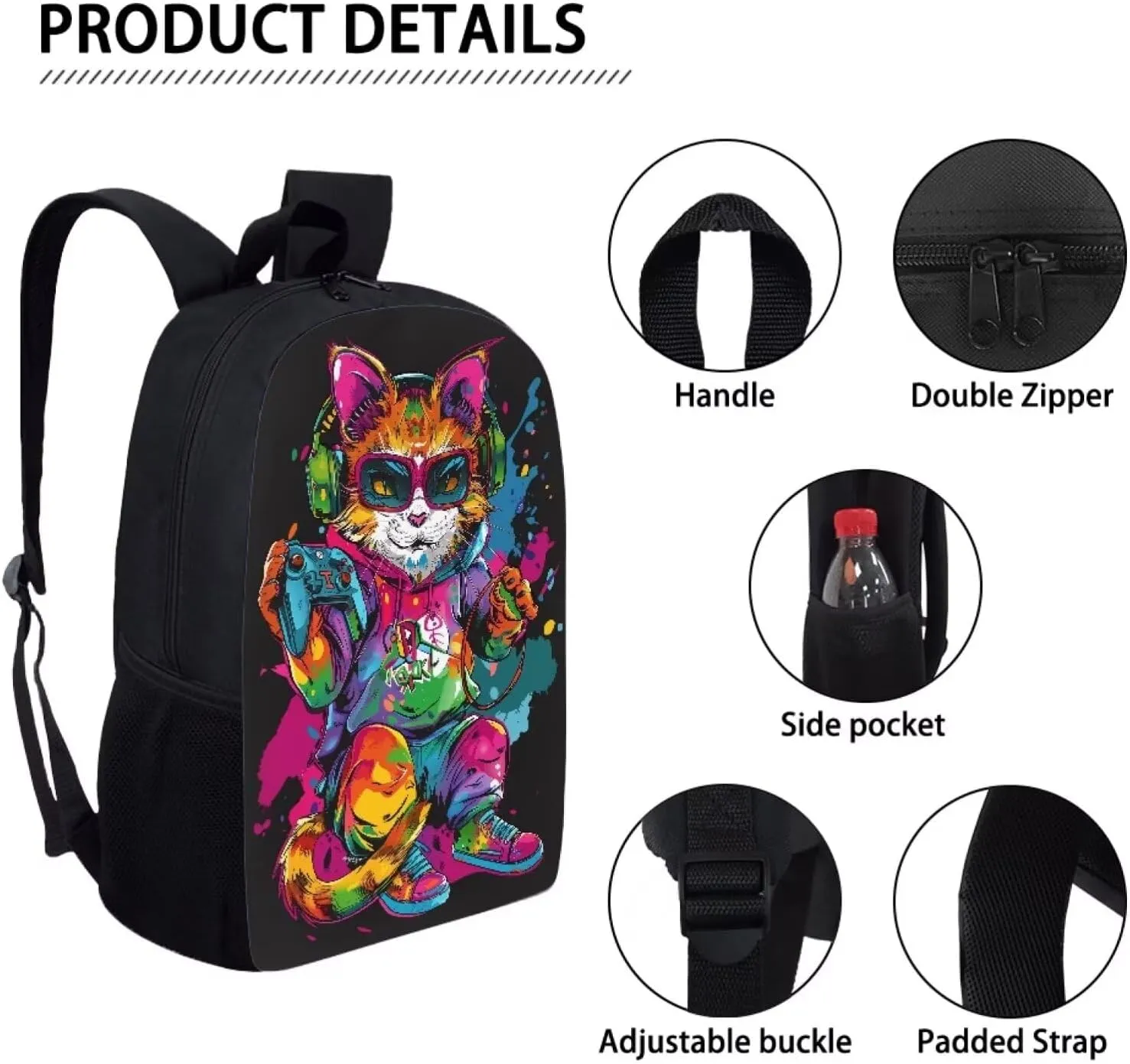 Howilath Cool Cat Game Player Pattern School Bag Set Game Lovers Backpack Casual Daypack Insulated Lunchbox Pencil Case 3 Piece for Teen Kids