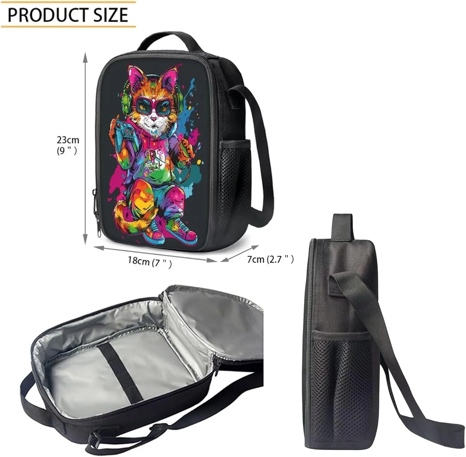 Howilath Cool Cat Game Player Pattern School Bag Set Game Lovers Backpack Casual Daypack Insulated Lunchbox Pencil Case 3 Piece for Teen Kids