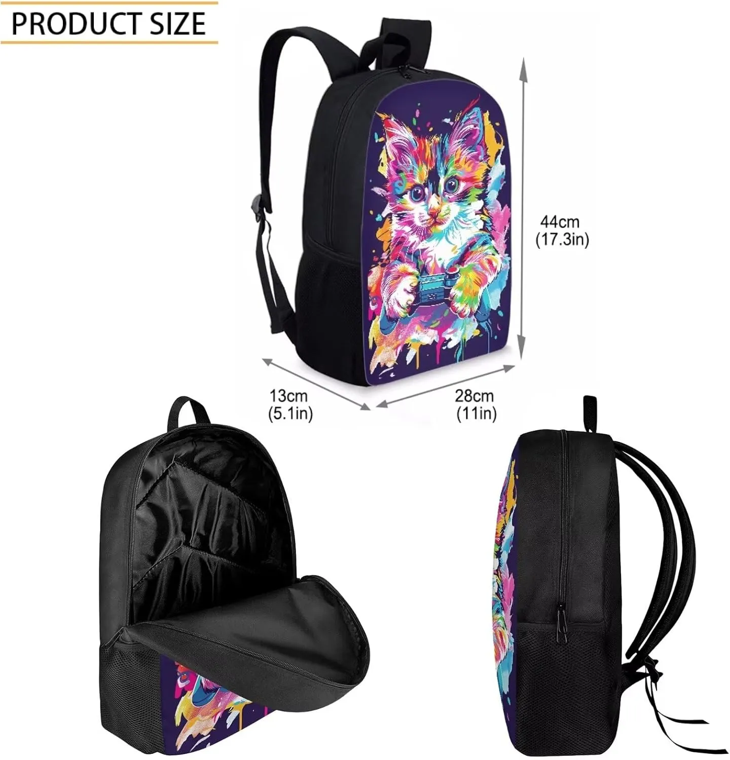 Howilath Cute Kitty Gamer Print School Backpack Set with Lunch Box and Pencil Case for Primary Elementary Boys Girls, Lightweight Children Teens School Bookbag