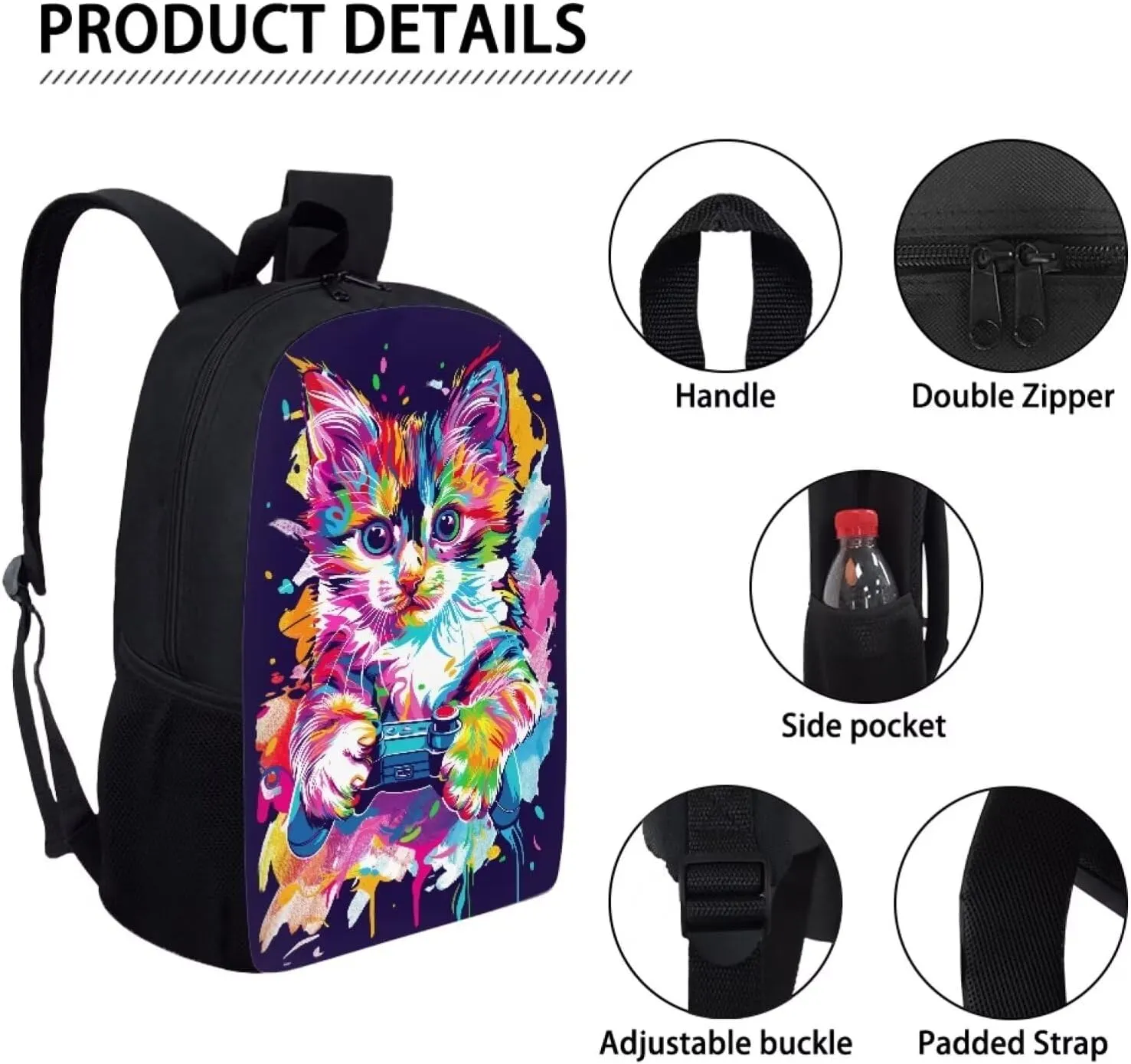 Howilath Cute Kitty Gamer Print School Backpack Set with Lunch Box and Pencil Case for Primary Elementary Boys Girls, Lightweight Children Teens School Bookbag