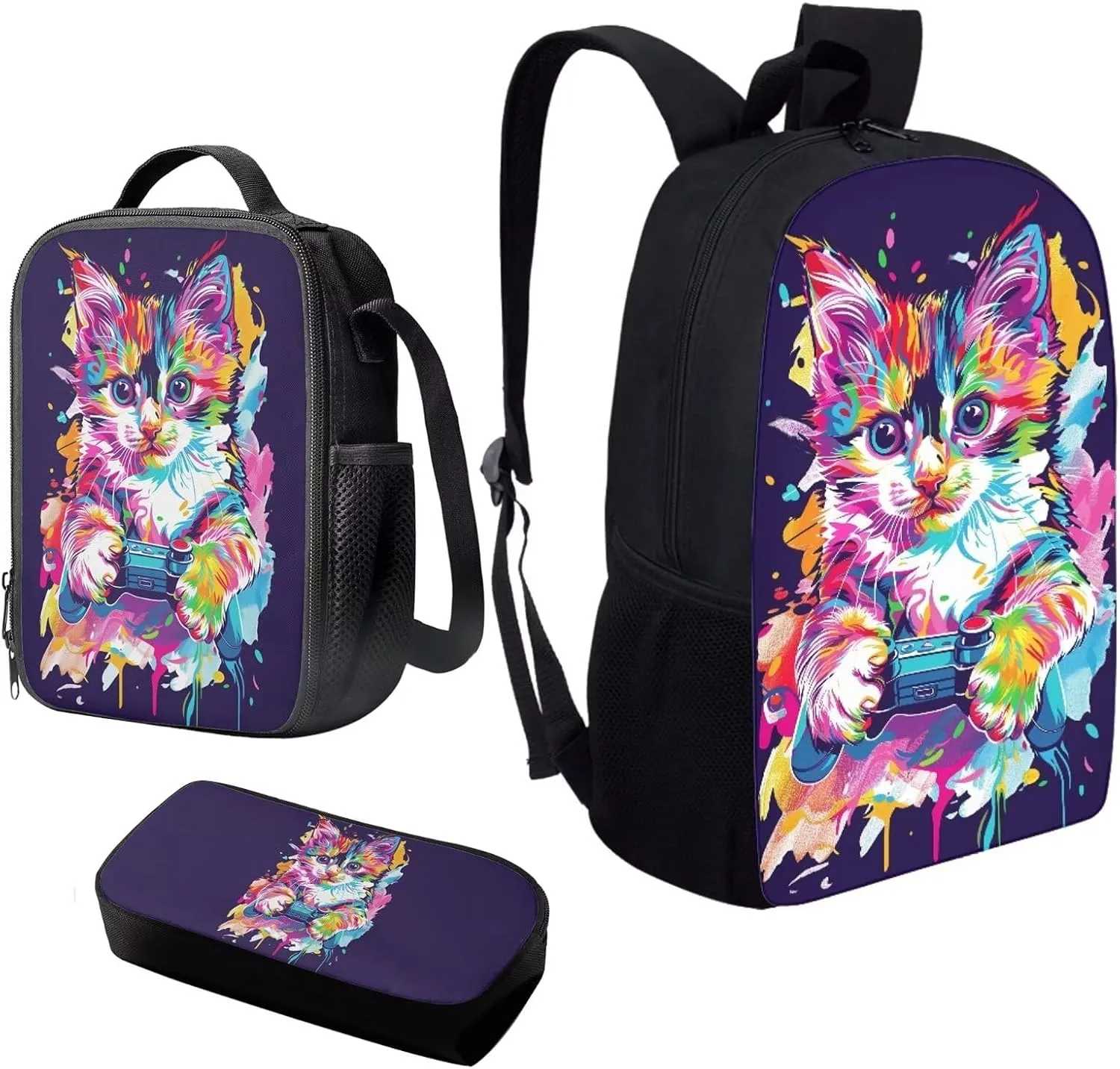 Howilath Cute Kitty Gamer Print School Backpack Set with Lunch Box and Pencil Case for Primary Elementary Boys Girls, Lightweight Children Teens School Bookbag