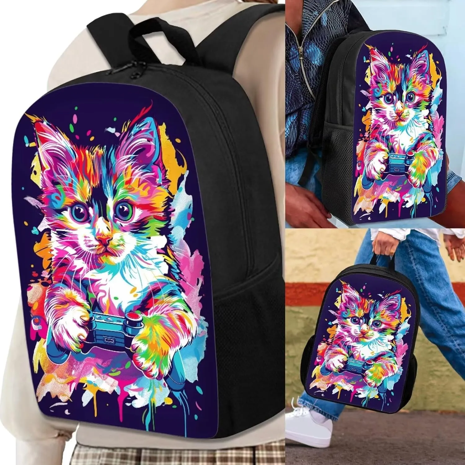Howilath Cute Kitty Gamer Print School Backpack Set with Lunch Box and Pencil Case for Primary Elementary Boys Girls, Lightweight Children Teens School Bookbag