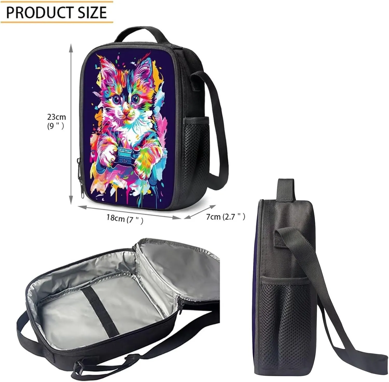 Howilath Cute Kitty Gamer Print School Backpack Set with Lunch Box and Pencil Case for Primary Elementary Boys Girls, Lightweight Children Teens School Bookbag