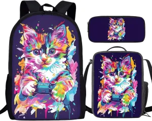 Howilath Cute Kitty Gamer Print School Backpack Set with Lunch Box and Pencil Case for Primary Elementary Boys Girls, Lightweight Children Teens School Bookbag