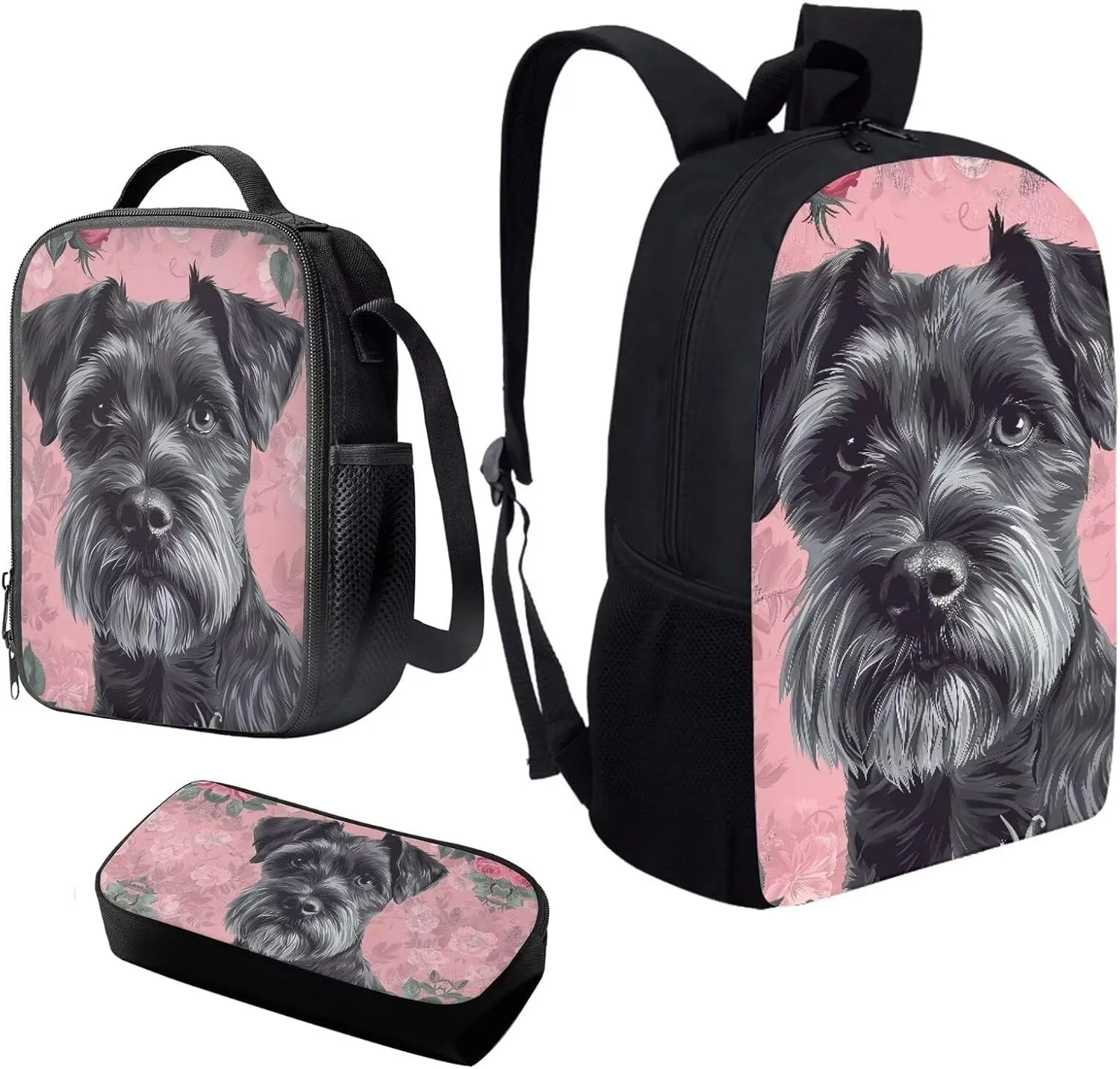 Howilath Cute Schnauzer Dog Pattern School Backpack Boys Kids School Bookbag Set, 17 Inch Girls Backpack Set Kids Shoulder Book Bag and Lunch Bag Pencil Case 3 in 1