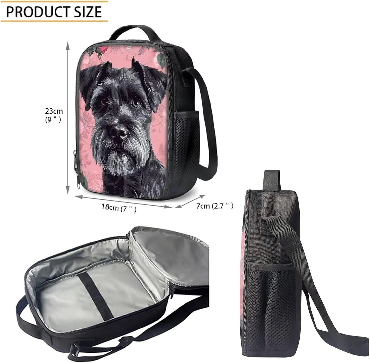 Howilath Cute Schnauzer Dog Pattern School Backpack Boys Kids School Bookbag Set, 17 Inch Girls Backpack Set Kids Shoulder Book Bag and Lunch Bag Pencil Case 3 in 1