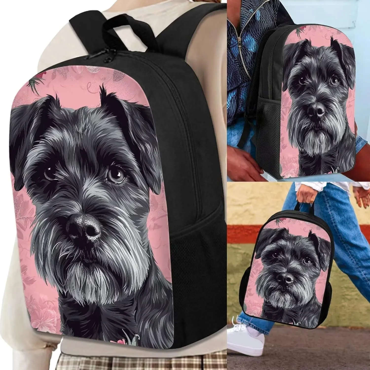Howilath Cute Schnauzer Dog Pattern School Backpack Boys Kids School Bookbag Set, 17 Inch Girls Backpack Set Kids Shoulder Book Bag and Lunch Bag Pencil Case 3 in 1