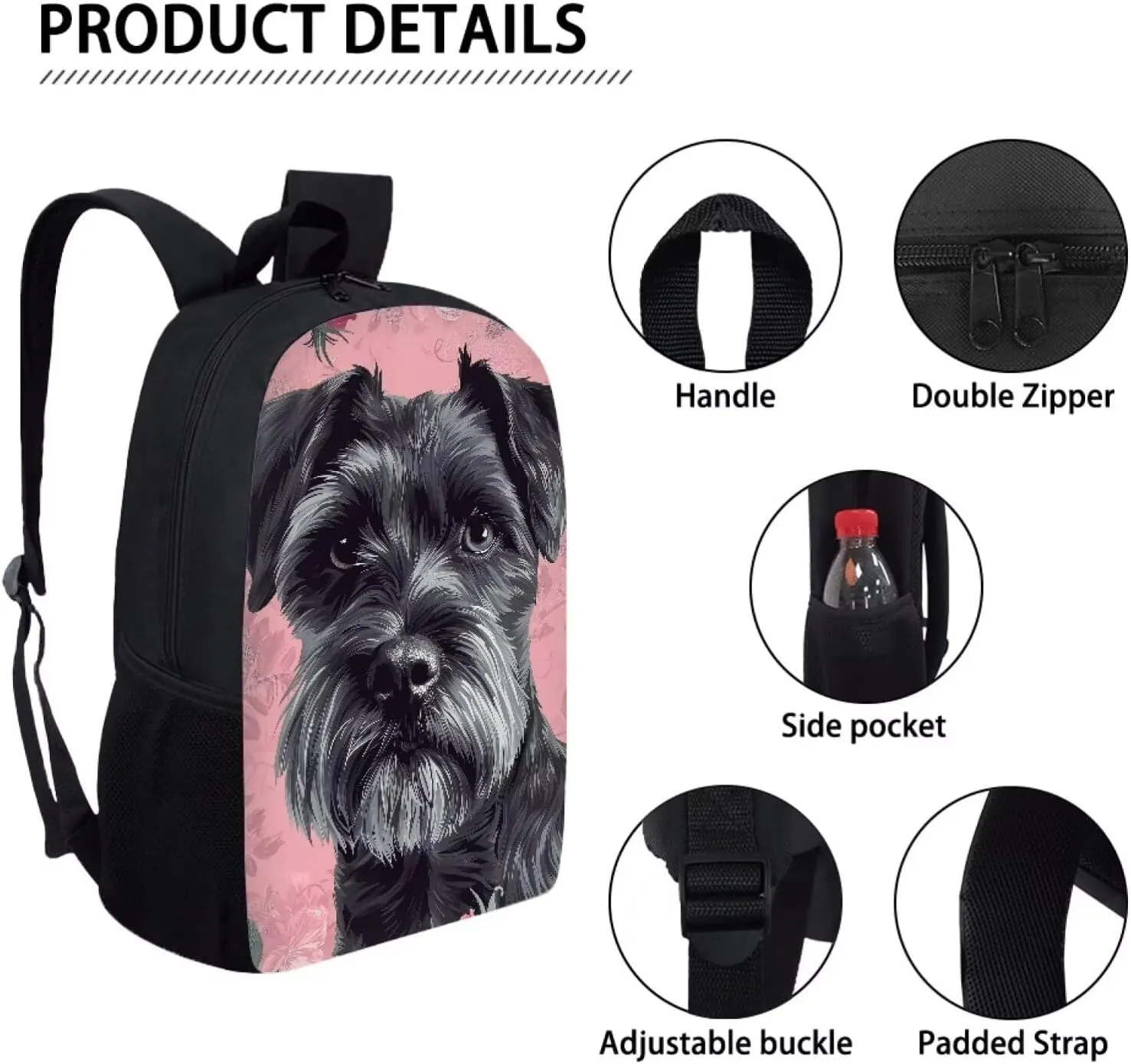 Howilath Cute Schnauzer Dog Pattern School Backpack Boys Kids School Bookbag Set, 17 Inch Girls Backpack Set Kids Shoulder Book Bag and Lunch Bag Pencil Case 3 in 1