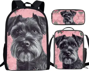 Howilath Cute Schnauzer Dog Pattern School Backpack Boys Kids School Bookbag Set, 17 Inch Girls Backpack Set Kids Shoulder Book Bag and Lunch Bag Pencil Case 3 in 1