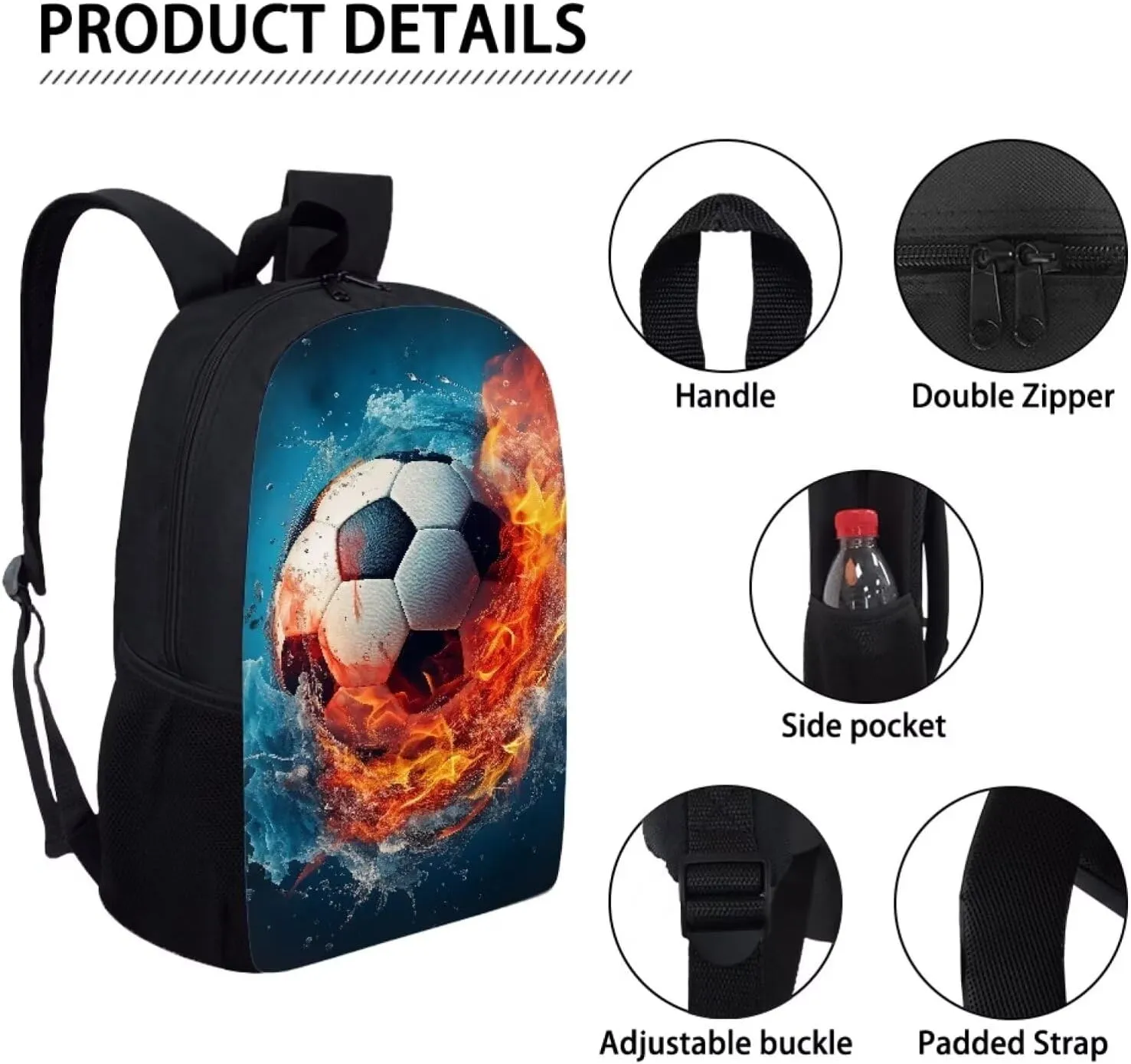 Howilath Fire Water Football Pattern School Backpack for Teen Boys School Bags, 17 Inch School Bag Set Sport Backpack Bookbag with Lunchbox Pencil Case