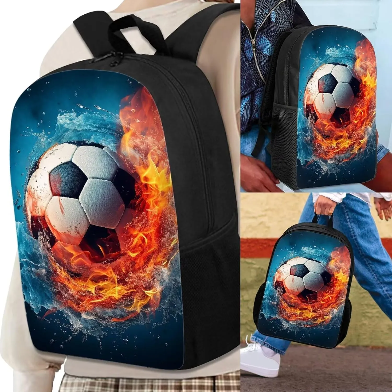 Howilath Fire Water Football Pattern School Backpack for Teen Boys School Bags, 17 Inch School Bag Set Sport Backpack Bookbag with Lunchbox Pencil Case