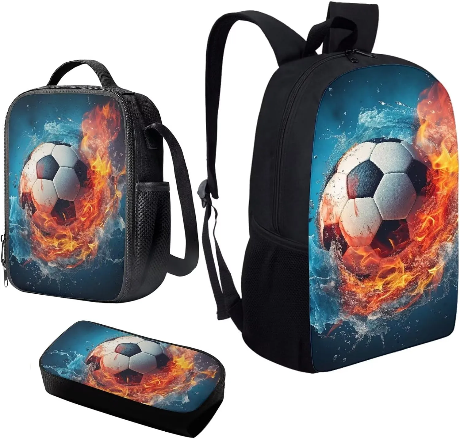 Howilath Fire Water Football Pattern School Backpack for Teen Boys School Bags, 17 Inch School Bag Set Sport Backpack Bookbag with Lunchbox Pencil Case