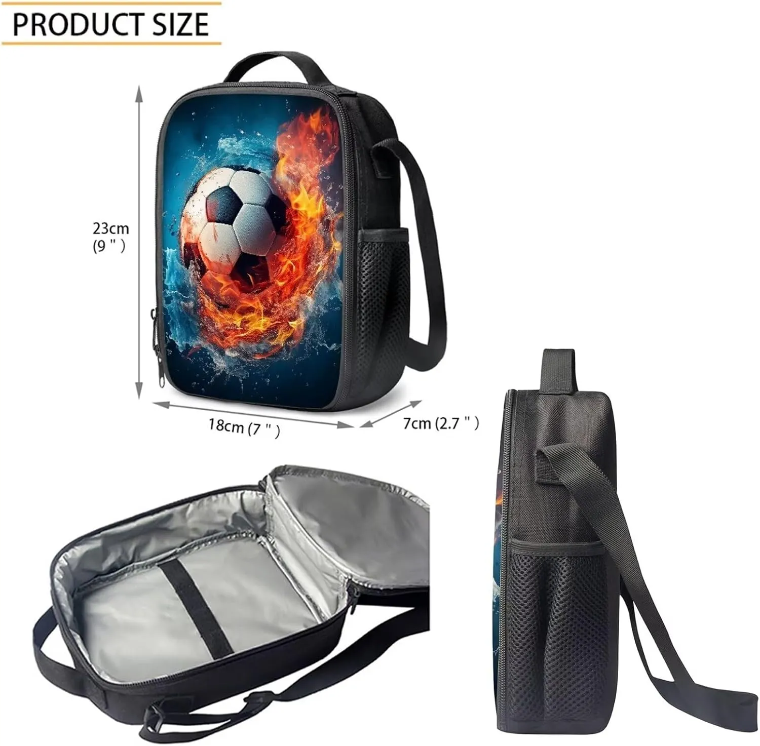 Howilath Fire Water Football Pattern School Backpack for Teen Boys School Bags, 17 Inch School Bag Set Sport Backpack Bookbag with Lunchbox Pencil Case