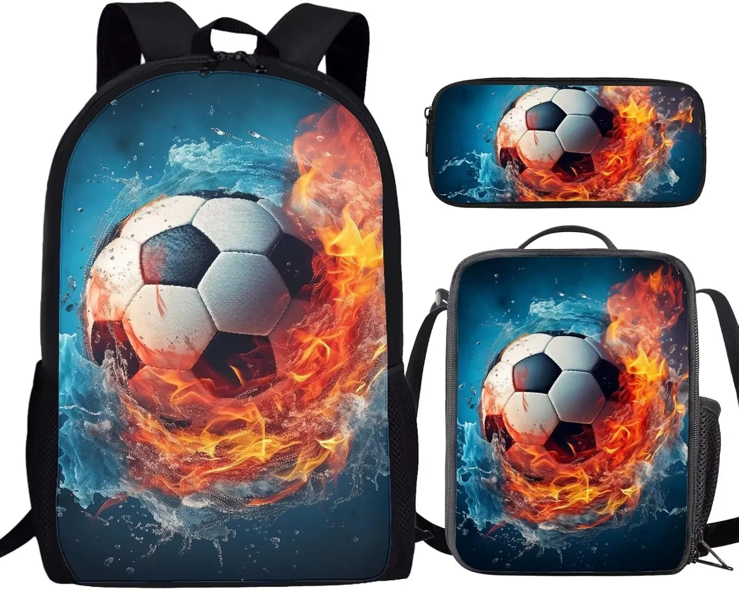 Howilath Fire Water Football Pattern School Backpack for Teen Boys School Bags, 17 Inch School Bag Set Sport Backpack Bookbag with Lunchbox Pencil Case