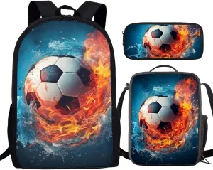Howilath Fire Water Football Pattern School Backpack for Teen Boys School Bags, 17 Inch School Bag Set Sport Backpack Bookbag with Lunchbox Pencil Case