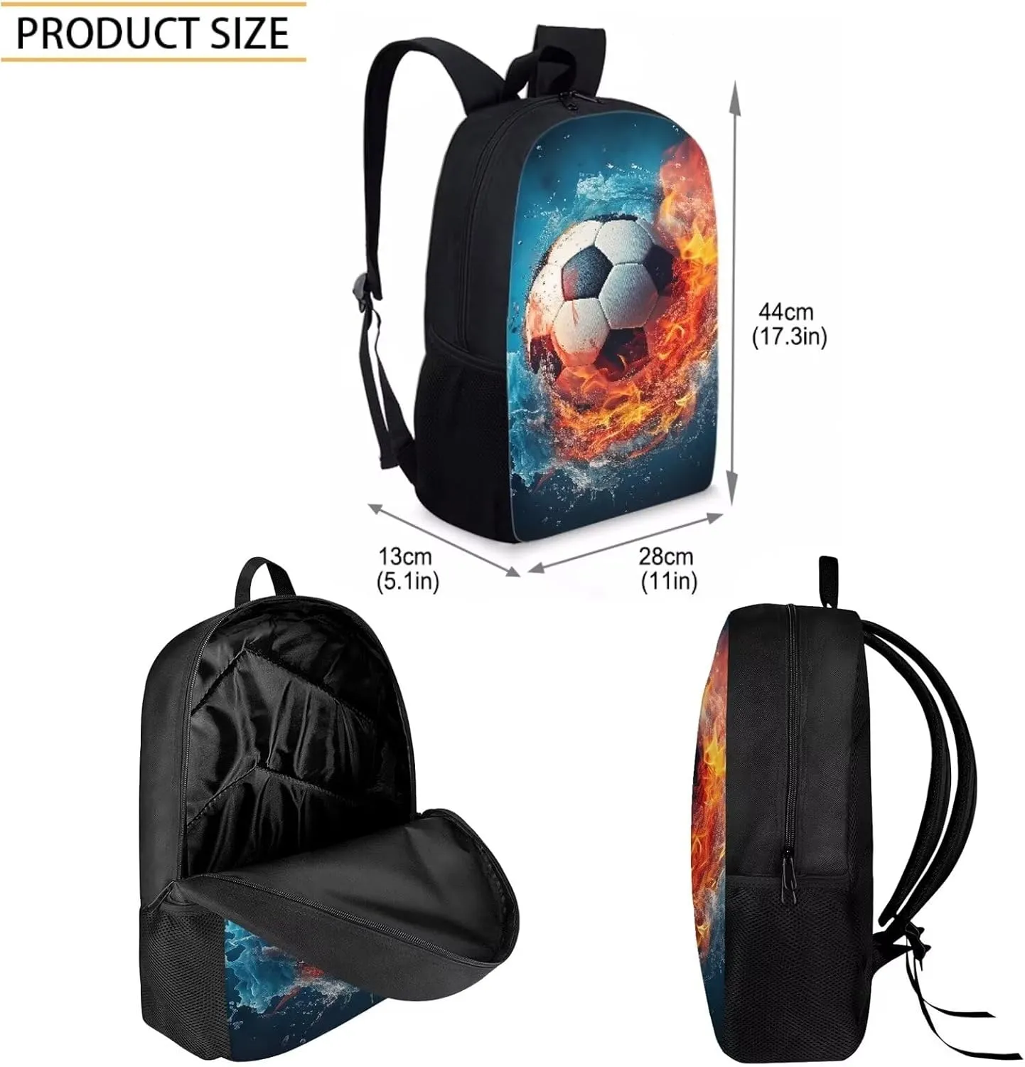 Howilath Fire Water Football Pattern School Backpack for Teen Boys School Bags, 17 Inch School Bag Set Sport Backpack Bookbag with Lunchbox Pencil Case