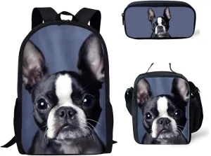 Howilath French Bulldog Navy Blue Canvas School Backpack for Girls, 17 Inch Backpack Set for Teen Boys School Bookbag 3 Pcs Lunch Bag Pencil Case
