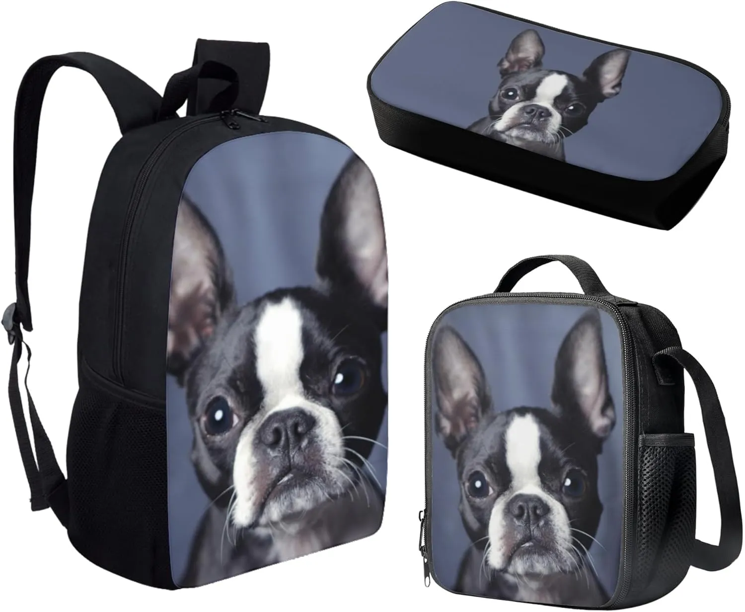 Howilath French Bulldog Navy Blue Canvas School Backpack for Girls, 17 Inch Backpack Set for Teen Boys School Bookbag 3 Pcs Lunch Bag Pencil Case