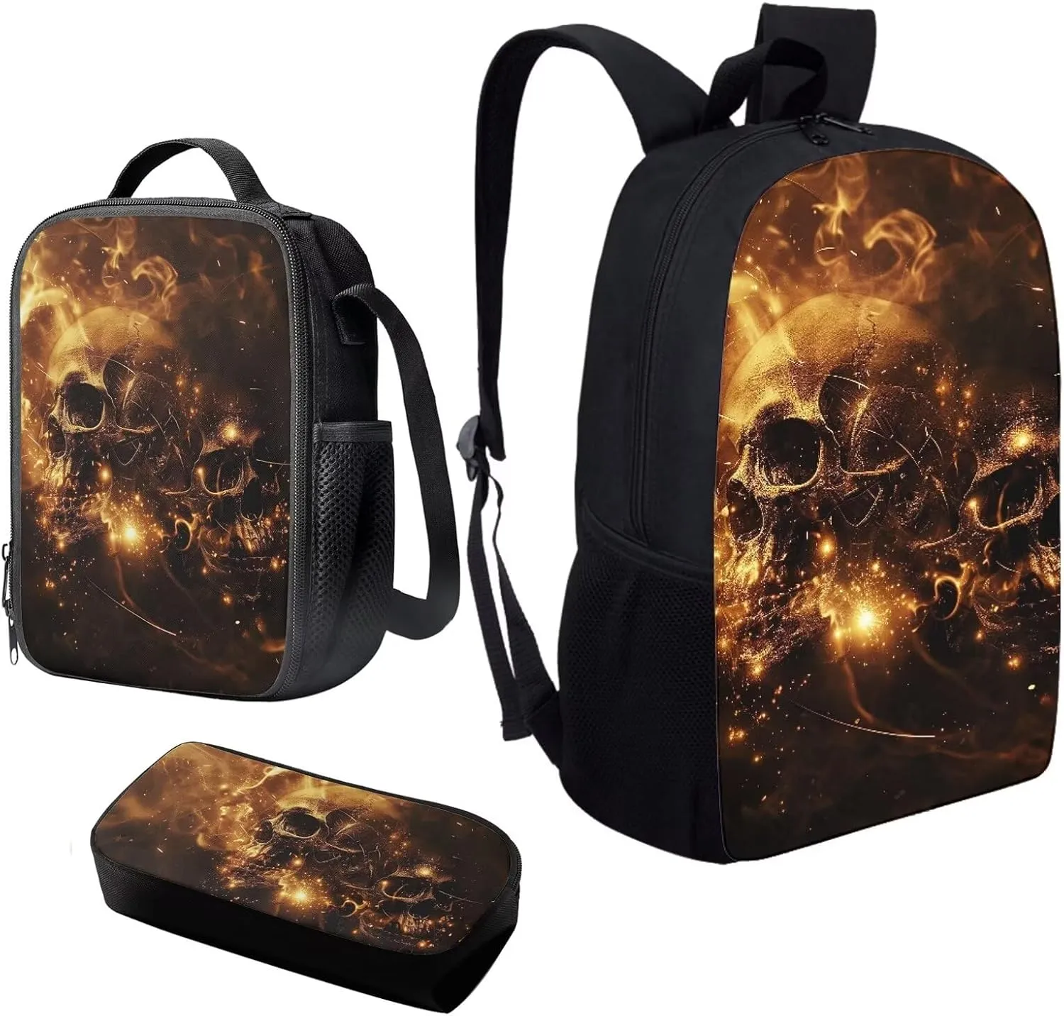 Howilath Gothic Flame Skulls Teenager Girls Backpack Canvas Rucksack School Book Bag with Pencil Case Lunchbox, 17 Inch Backpack for Kids Teen Girls School Student Bookbag Set