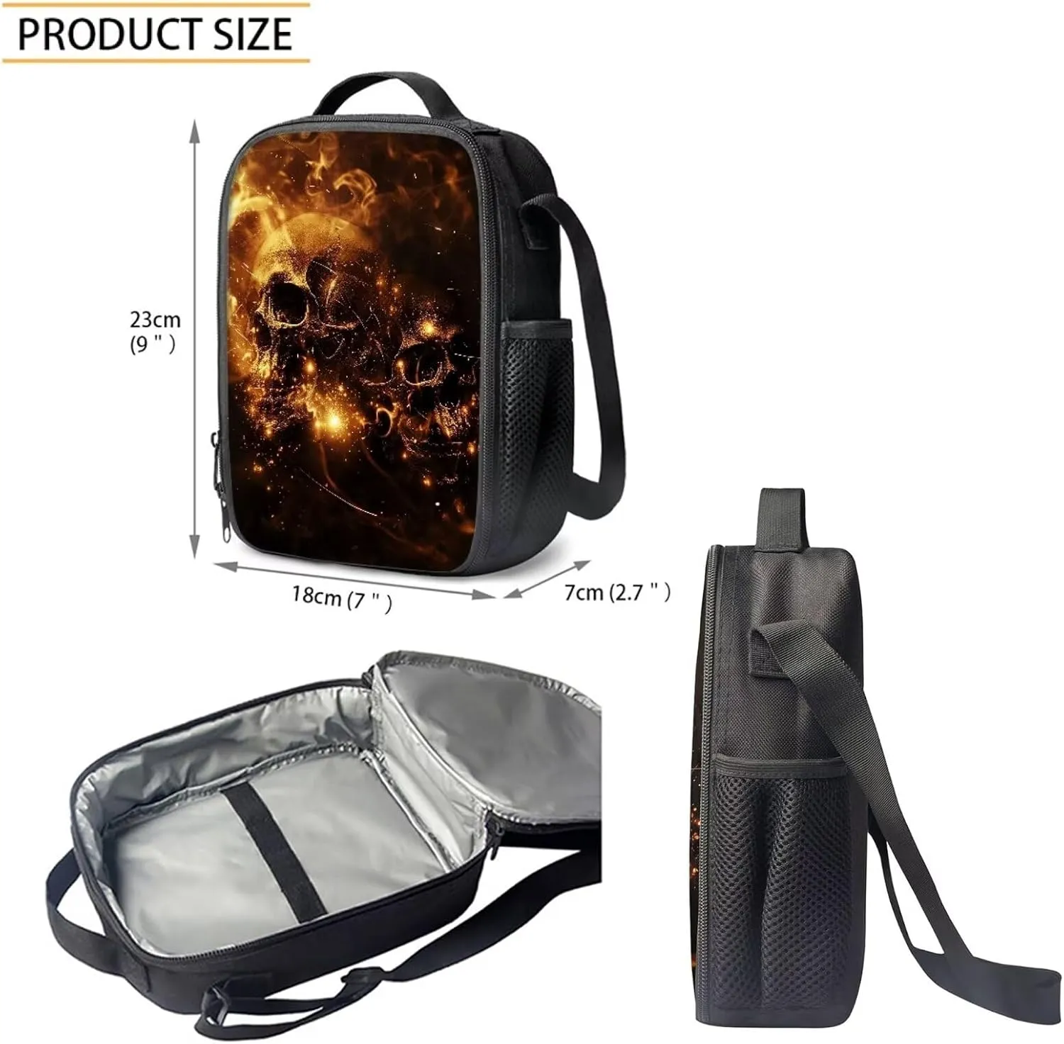 Howilath Gothic Flame Skulls Teenager Girls Backpack Canvas Rucksack School Book Bag with Pencil Case Lunchbox, 17 Inch Backpack for Kids Teen Girls School Student Bookbag Set