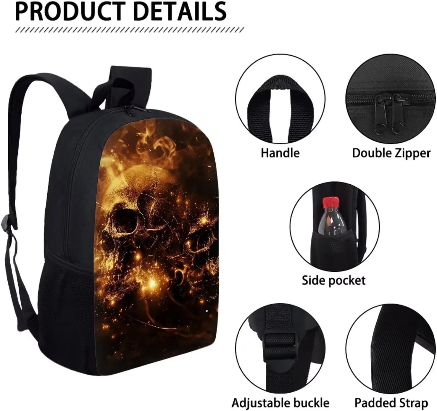 Howilath Gothic Flame Skulls Teenager Girls Backpack Canvas Rucksack School Book Bag with Pencil Case Lunchbox, 17 Inch Backpack for Kids Teen Girls School Student Bookbag Set