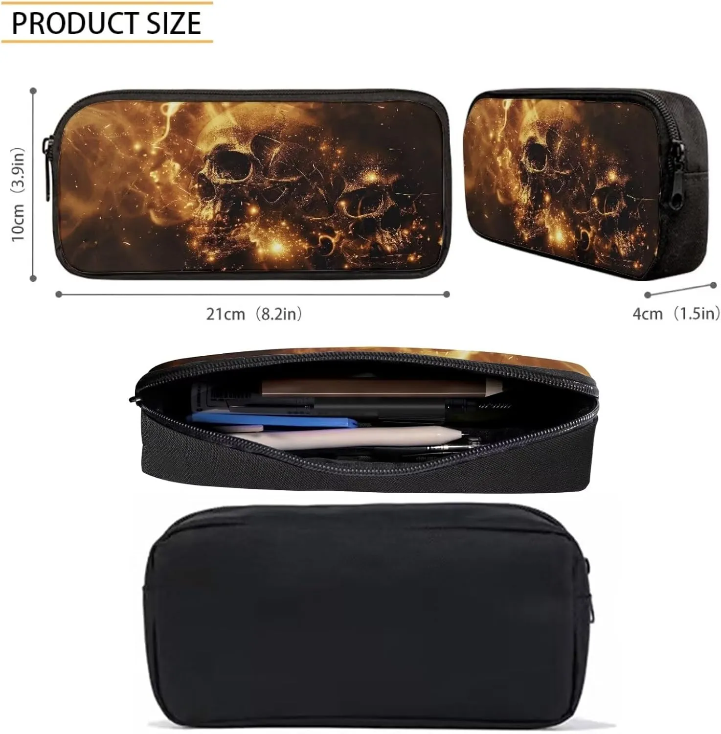 Howilath Gothic Flame Skulls Teenager Girls Backpack Canvas Rucksack School Book Bag with Pencil Case Lunchbox, 17 Inch Backpack for Kids Teen Girls School Student Bookbag Set