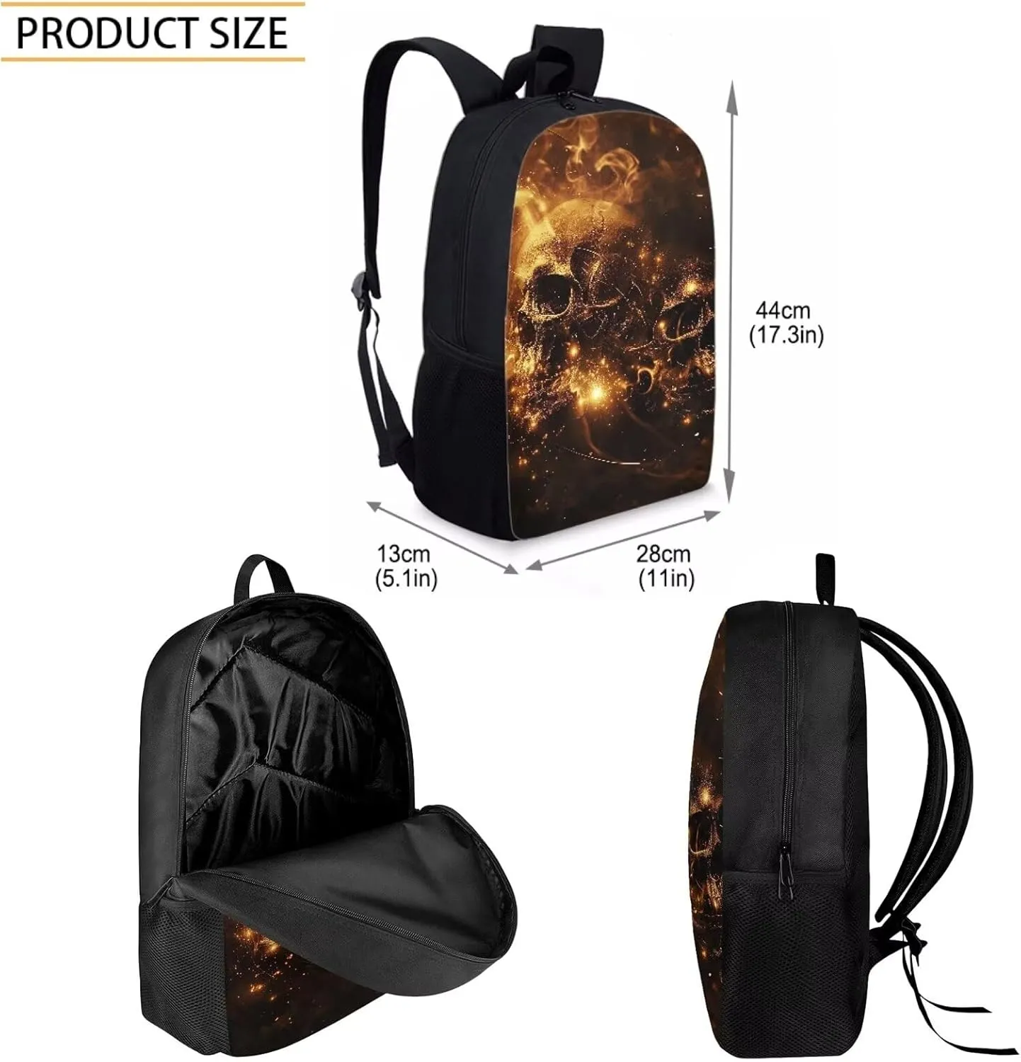 Howilath Gothic Flame Skulls Teenager Girls Backpack Canvas Rucksack School Book Bag with Pencil Case Lunchbox, 17 Inch Backpack for Kids Teen Girls School Student Bookbag Set