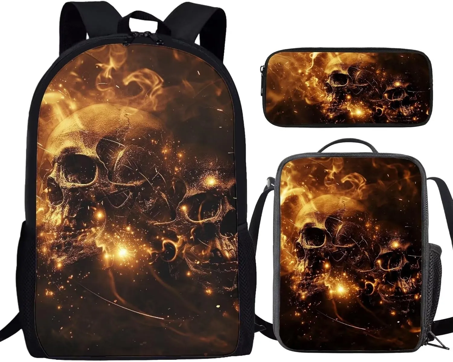Howilath Gothic Flame Skulls Teenager Girls Backpack Canvas Rucksack School Book Bag with Pencil Case Lunchbox, 17 Inch Backpack for Kids Teen Girls School Student Bookbag Set