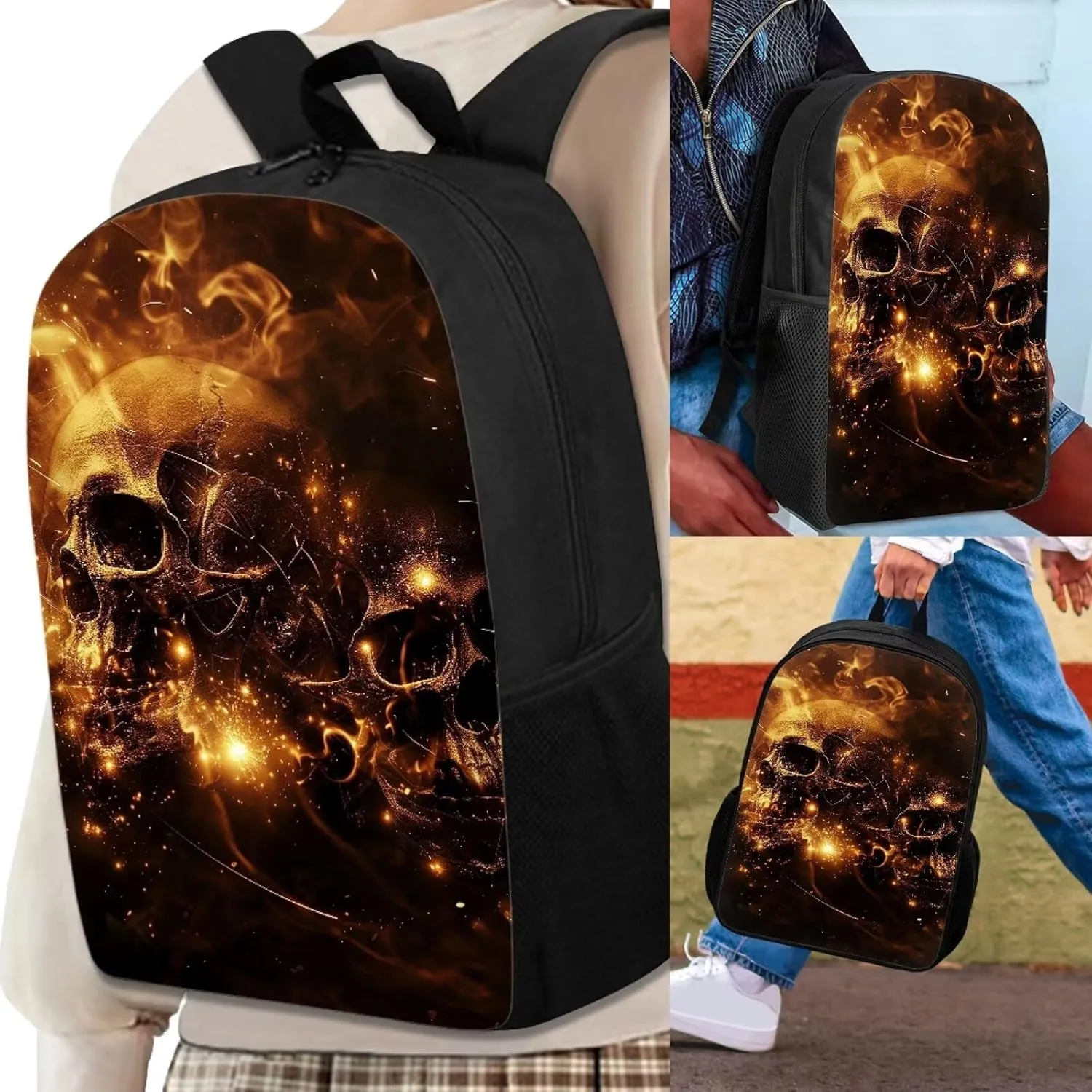 Howilath Gothic Flame Skulls Teenager Girls Backpack Canvas Rucksack School Book Bag with Pencil Case Lunchbox, 17 Inch Backpack for Kids Teen Girls School Student Bookbag Set
