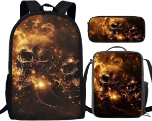 Howilath Gothic Flame Skulls Teenager Girls Backpack Canvas Rucksack School Book Bag with Pencil Case Lunchbox, 17 Inch Backpack for Kids Teen Girls School Student Bookbag Set