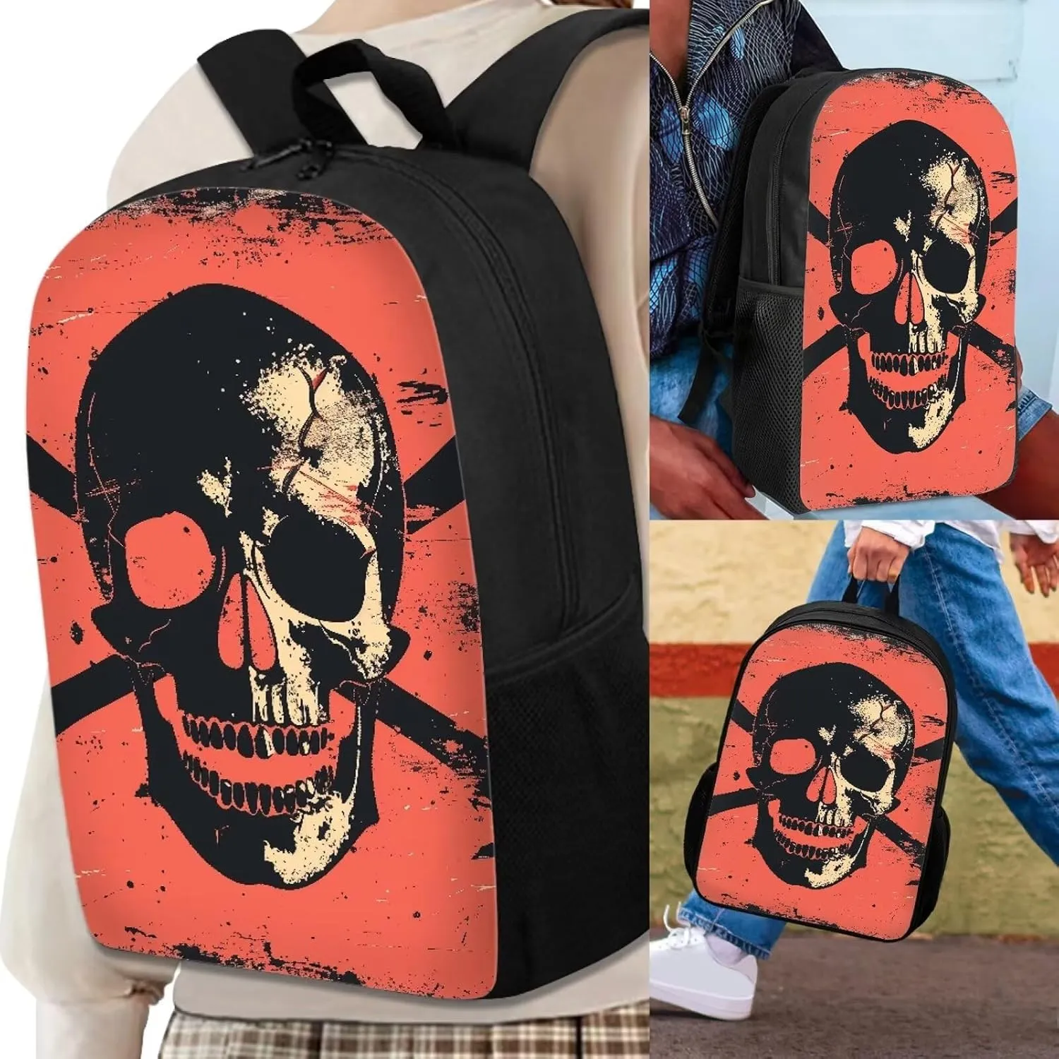 Howilath Pirate Skull Lightweight 17 Inch School Shoulder Bag Set Adorable Cool Backpack for Teen Girls Boys with Thermal Insulated Lunchbox Pencil Case