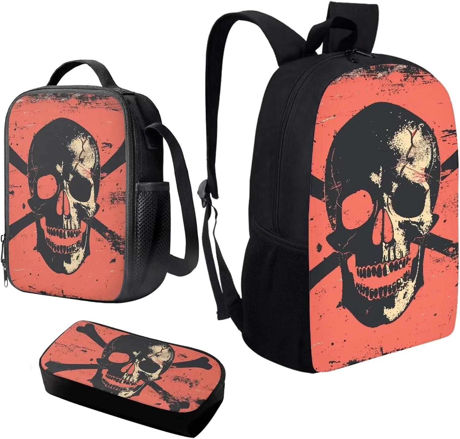 Howilath Pirate Skull Lightweight 17 Inch School Shoulder Bag Set Adorable Cool Backpack for Teen Girls Boys with Thermal Insulated Lunchbox Pencil Case