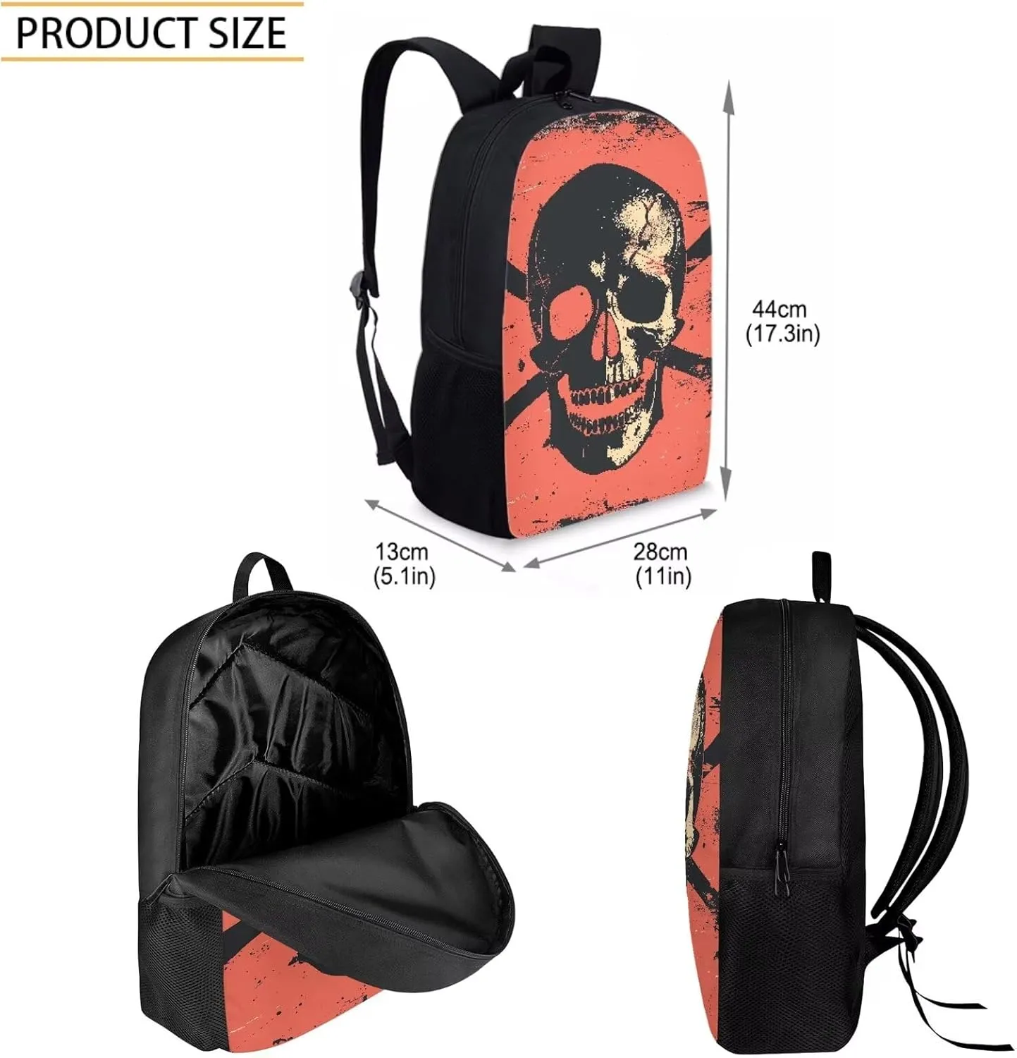 Howilath Pirate Skull Lightweight 17 Inch School Shoulder Bag Set Adorable Cool Backpack for Teen Girls Boys with Thermal Insulated Lunchbox Pencil Case