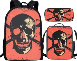 Howilath Pirate Skull Lightweight 17 Inch School Shoulder Bag Set Adorable Cool Backpack for Teen Girls Boys with Thermal Insulated Lunchbox Pencil Case