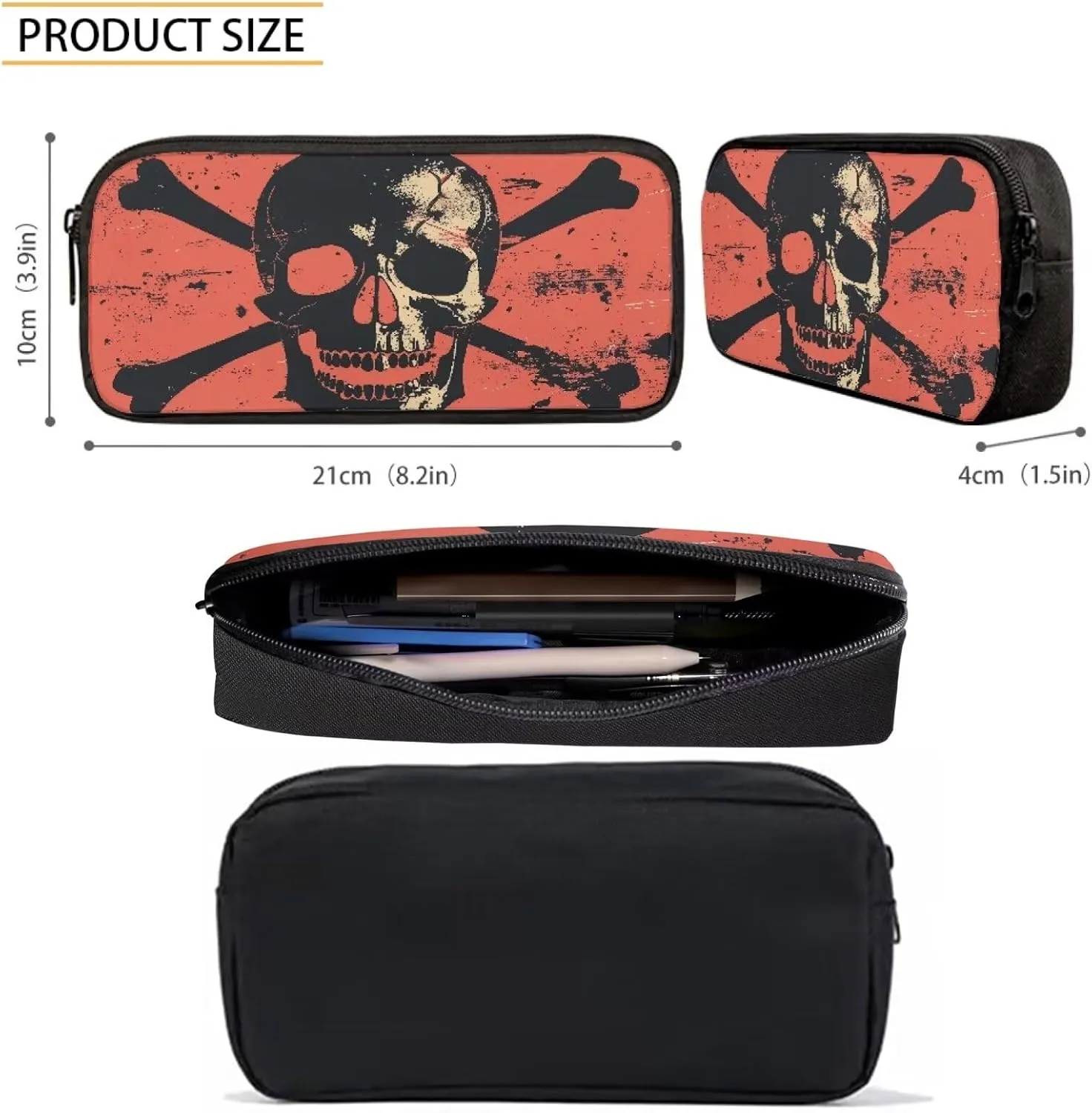 Howilath Pirate Skull Lightweight 17 Inch School Shoulder Bag Set Adorable Cool Backpack for Teen Girls Boys with Thermal Insulated Lunchbox Pencil Case