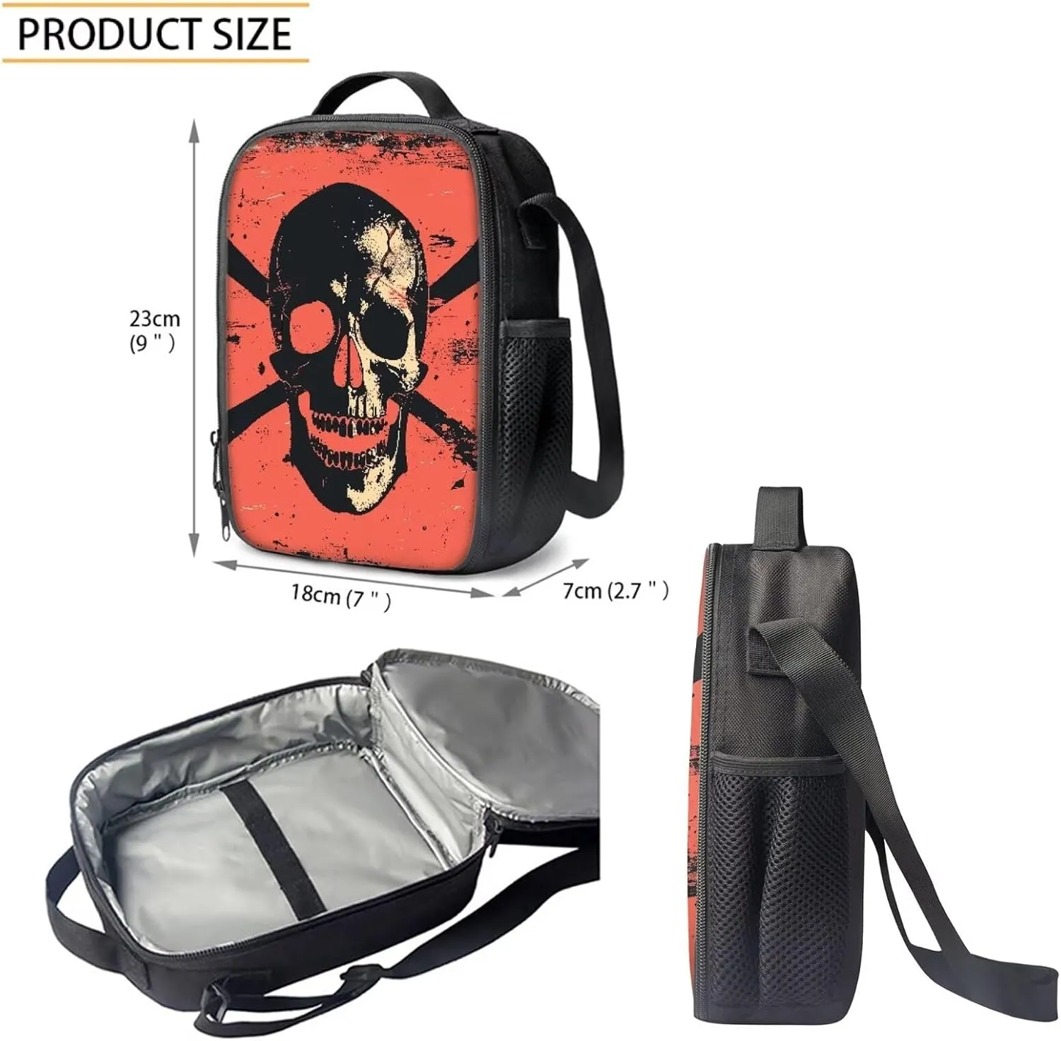 Howilath Pirate Skull Lightweight 17 Inch School Shoulder Bag Set Adorable Cool Backpack for Teen Girls Boys with Thermal Insulated Lunchbox Pencil Case