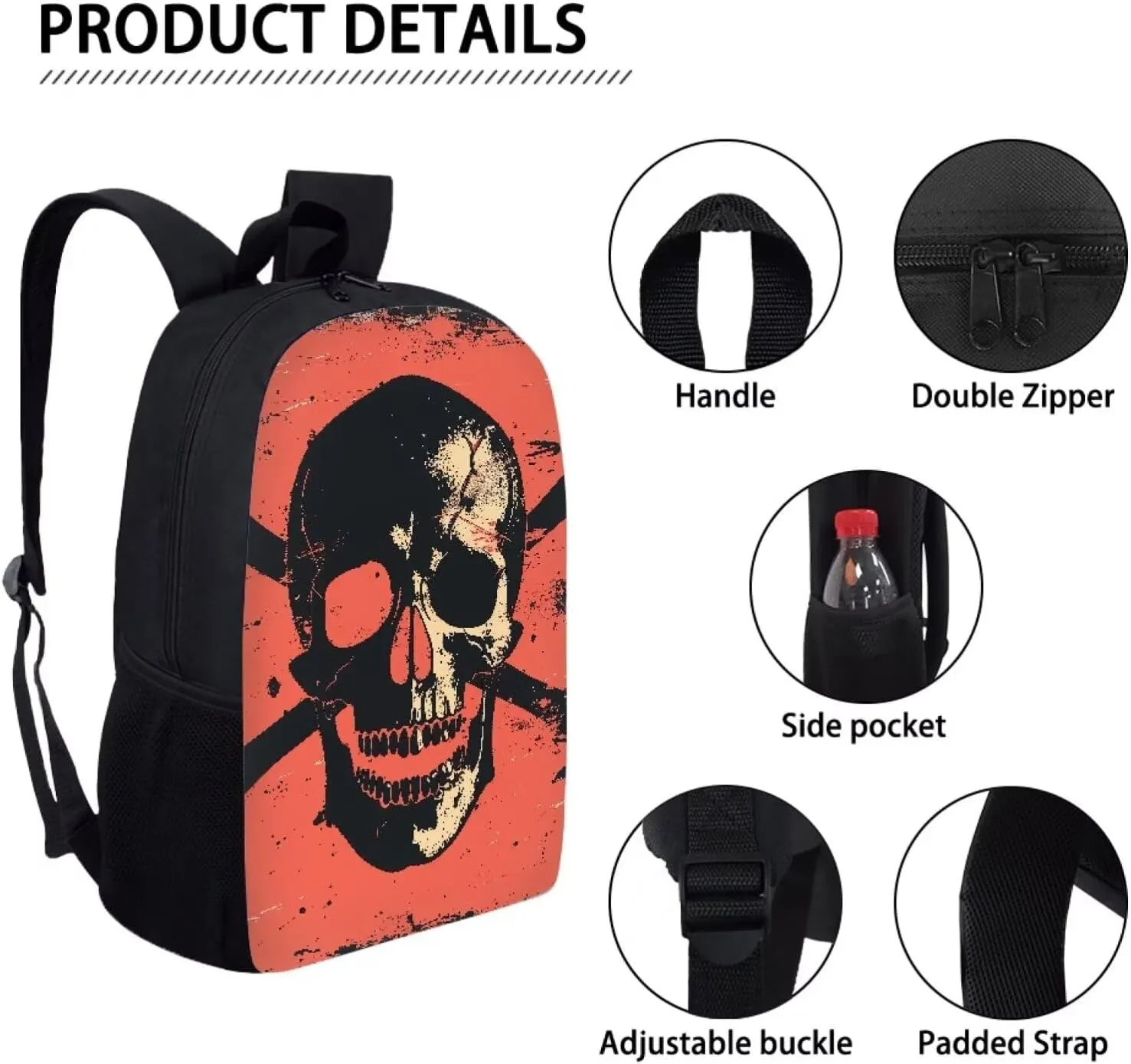 Howilath Pirate Skull Lightweight 17 Inch School Shoulder Bag Set Adorable Cool Backpack for Teen Girls Boys with Thermal Insulated Lunchbox Pencil Case
