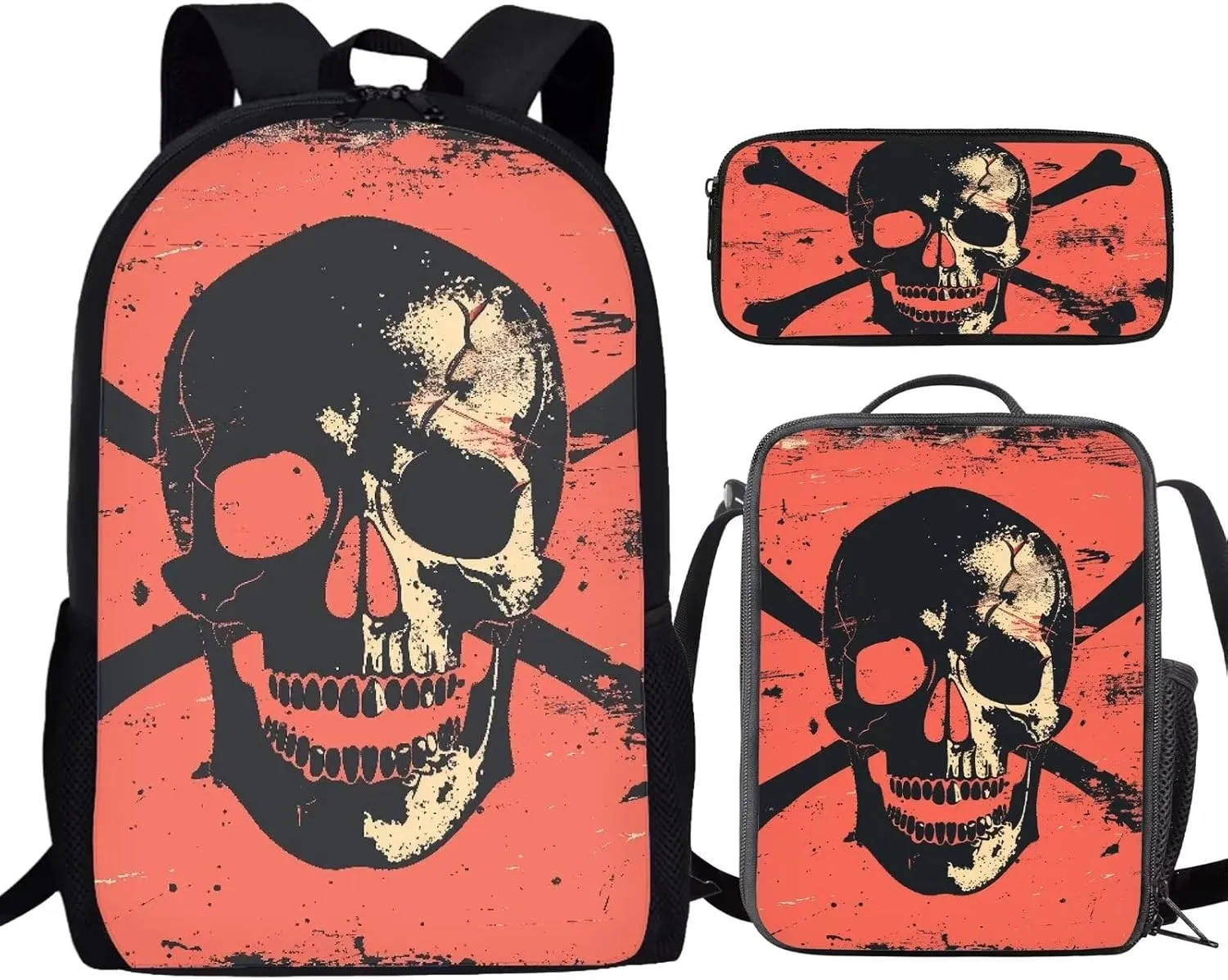 Howilath Pirate Skull Lightweight 17 Inch School Shoulder Bag Set Adorable Cool Backpack for Teen Girls Boys with Thermal Insulated Lunchbox Pencil Case