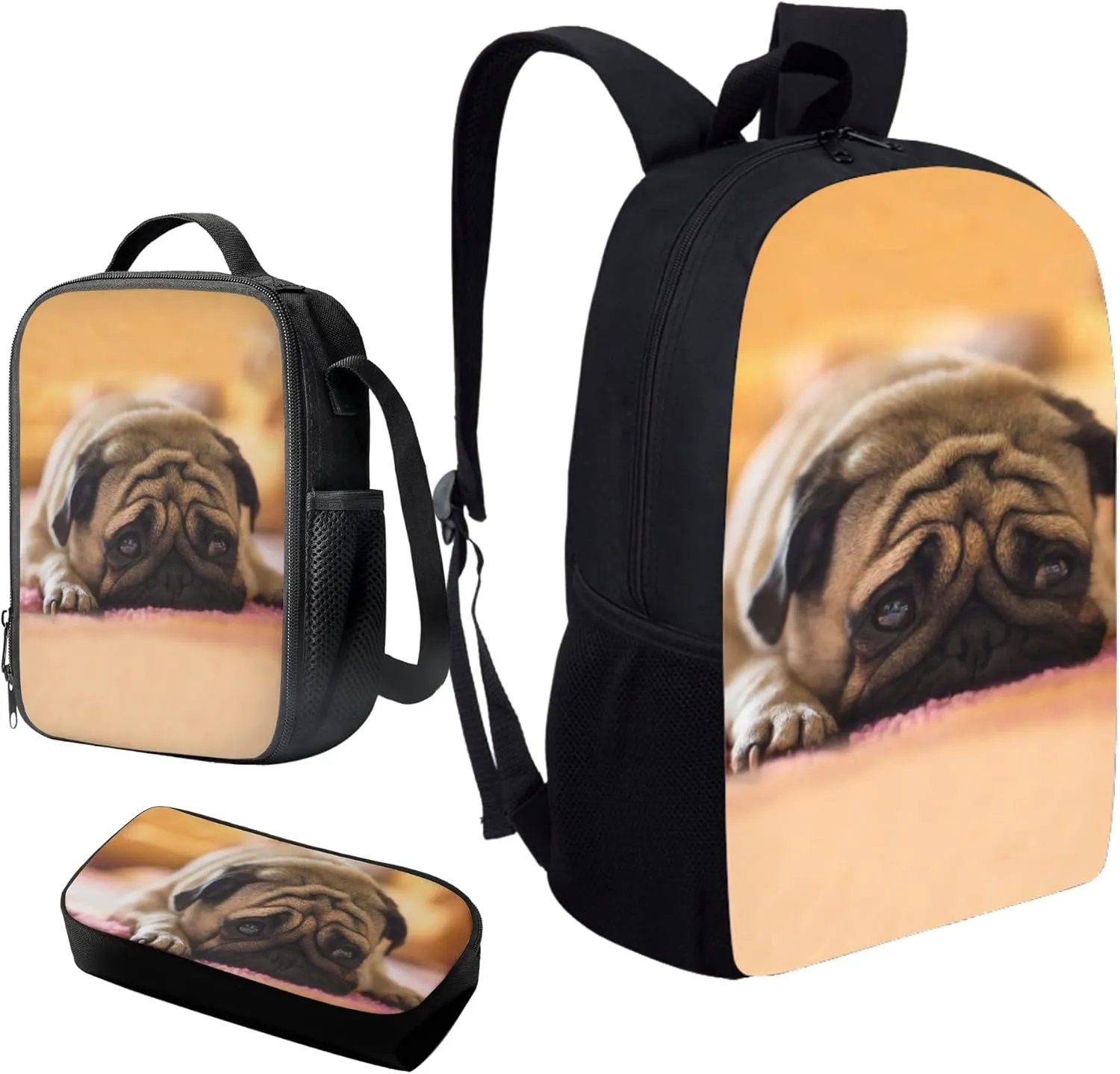 Howilath Pug Dog Cute Pattern 17 Inch School Backpack for Boys Kids Bookbag Set Schoolbag with Lunch Box Pencil Case Laptop Daypack