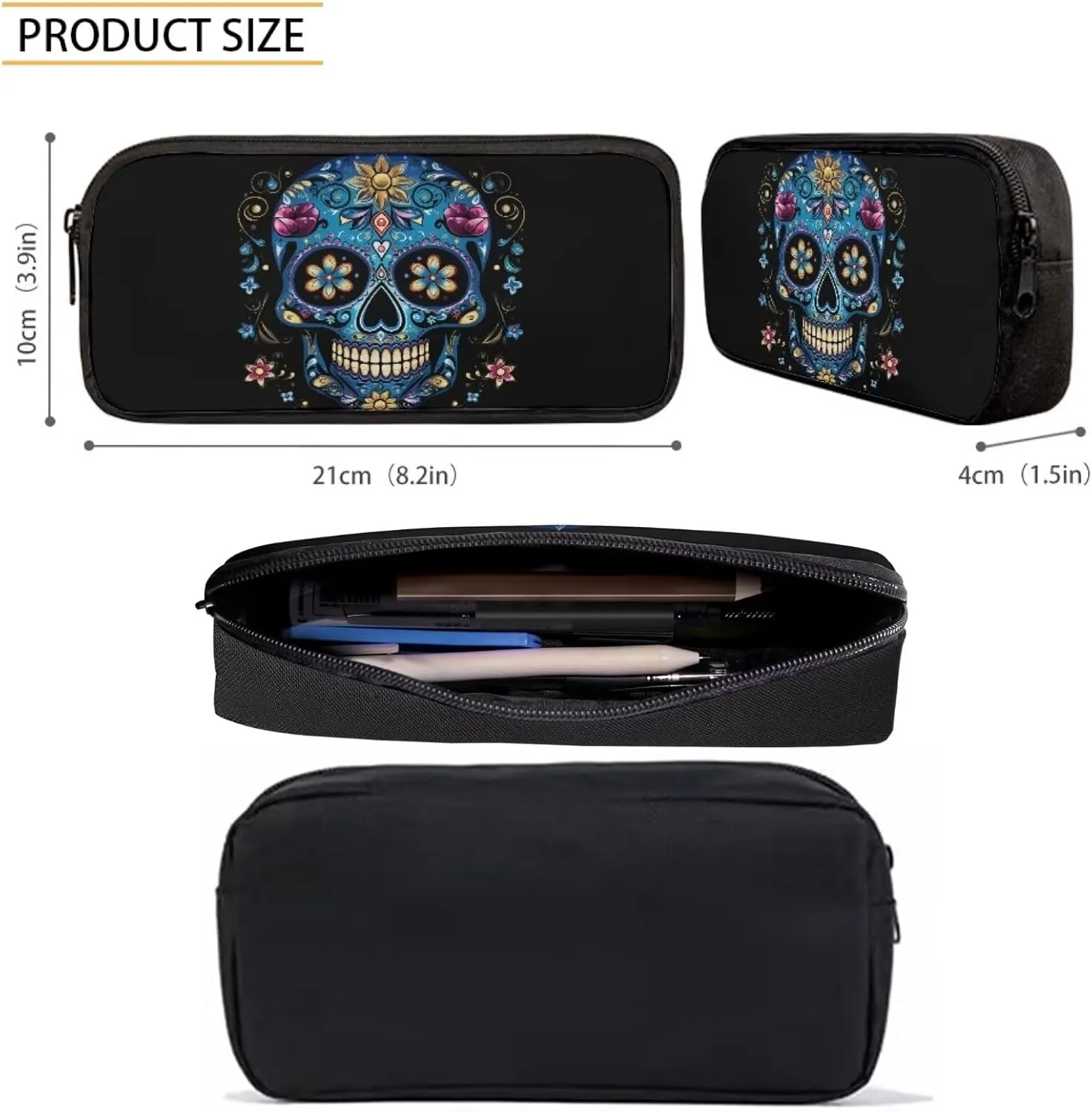 Howilath Sugar Skull 3 in 1 Backpack with Lunch Bag for Boys, 17 Inch Backpack Set for Teen Boys Cool Kids School Shoulder Bags Thermal Lunch Box and Pencil Case