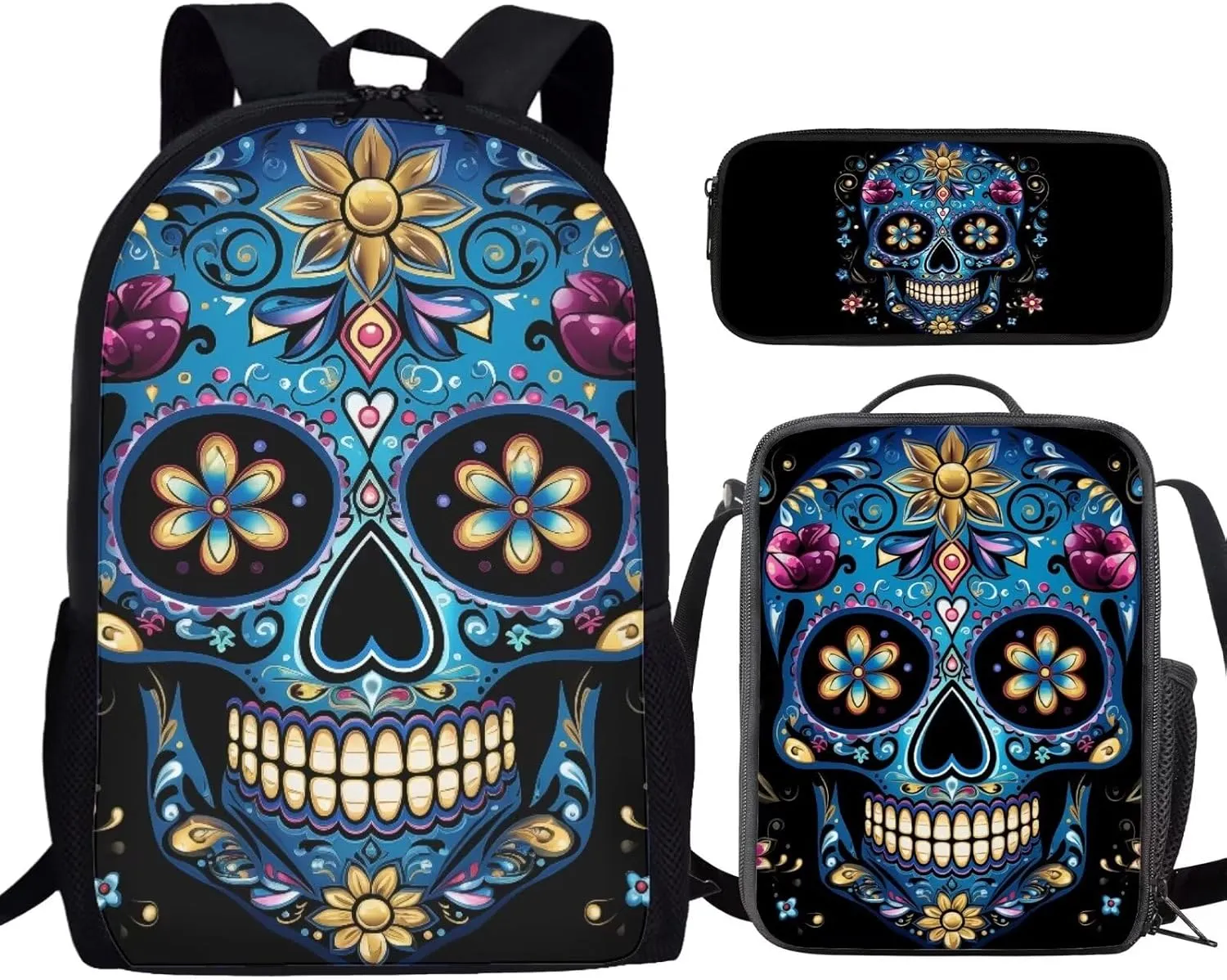 Howilath Sugar Skull 3 in 1 Backpack with Lunch Bag for Boys, 17 Inch Backpack Set for Teen Boys Cool Kids School Shoulder Bags Thermal Lunch Box and Pencil Case