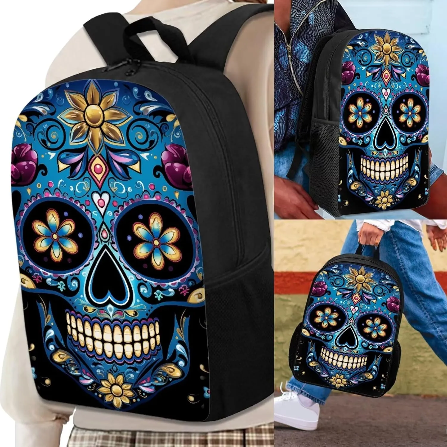 Howilath Sugar Skull 3 in 1 Backpack with Lunch Bag for Boys, 17 Inch Backpack Set for Teen Boys Cool Kids School Shoulder Bags Thermal Lunch Box and Pencil Case