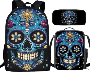 Howilath Sugar Skull 3 in 1 Backpack with Lunch Bag for Boys, 17 Inch Backpack Set for Teen Boys Cool Kids School Shoulder Bags Thermal Lunch Box and Pencil Case