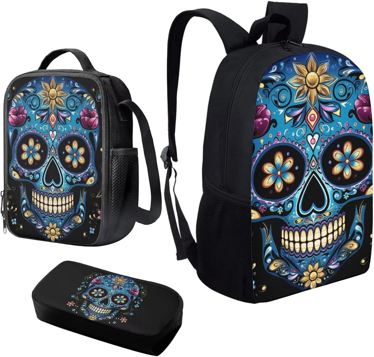 Howilath Sugar Skull 3 in 1 Backpack with Lunch Bag for Boys, 17 Inch Backpack Set for Teen Boys Cool Kids School Shoulder Bags Thermal Lunch Box and Pencil Case