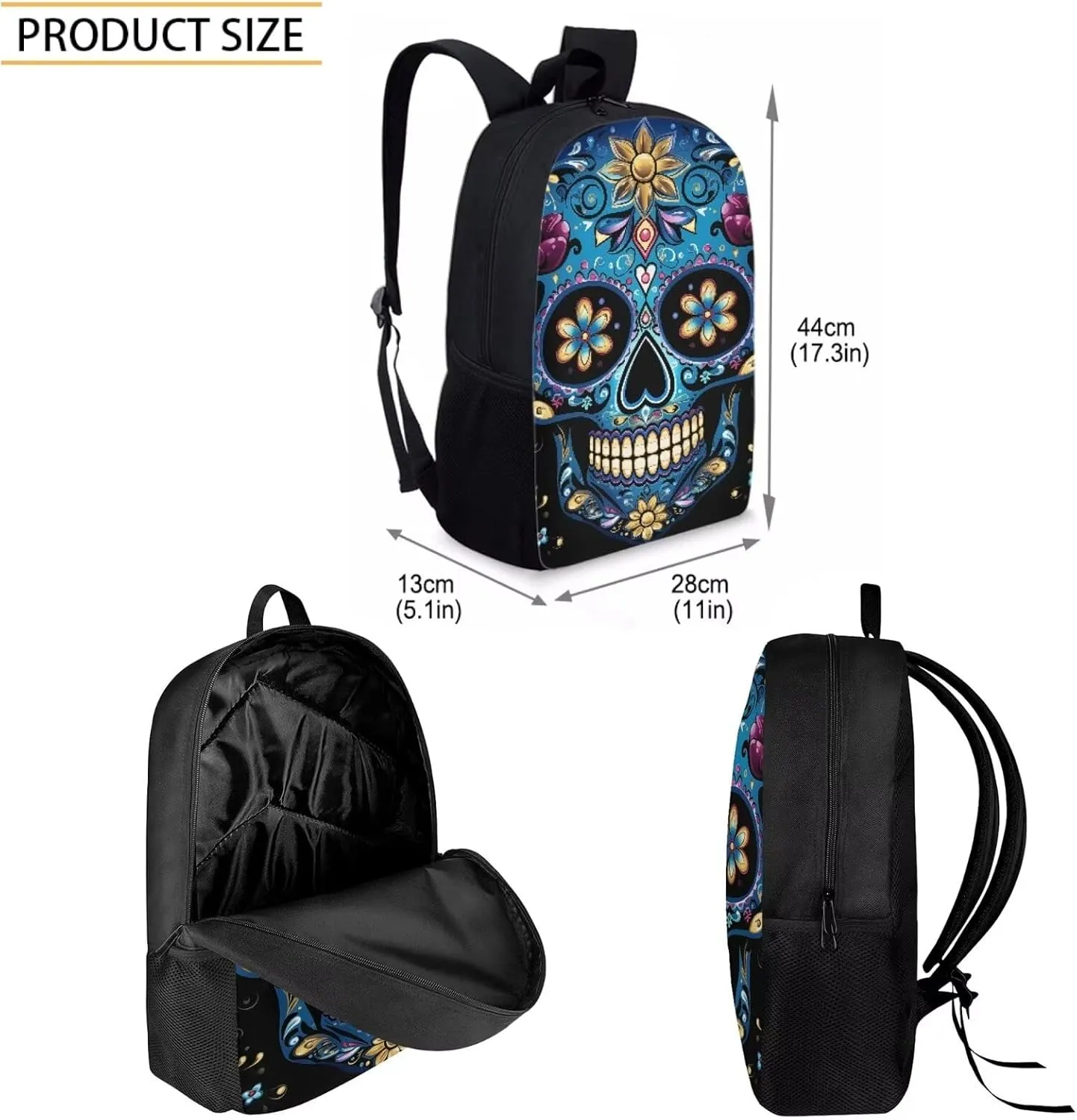 Howilath Sugar Skull 3 in 1 Backpack with Lunch Bag for Boys, 17 Inch Backpack Set for Teen Boys Cool Kids School Shoulder Bags Thermal Lunch Box and Pencil Case