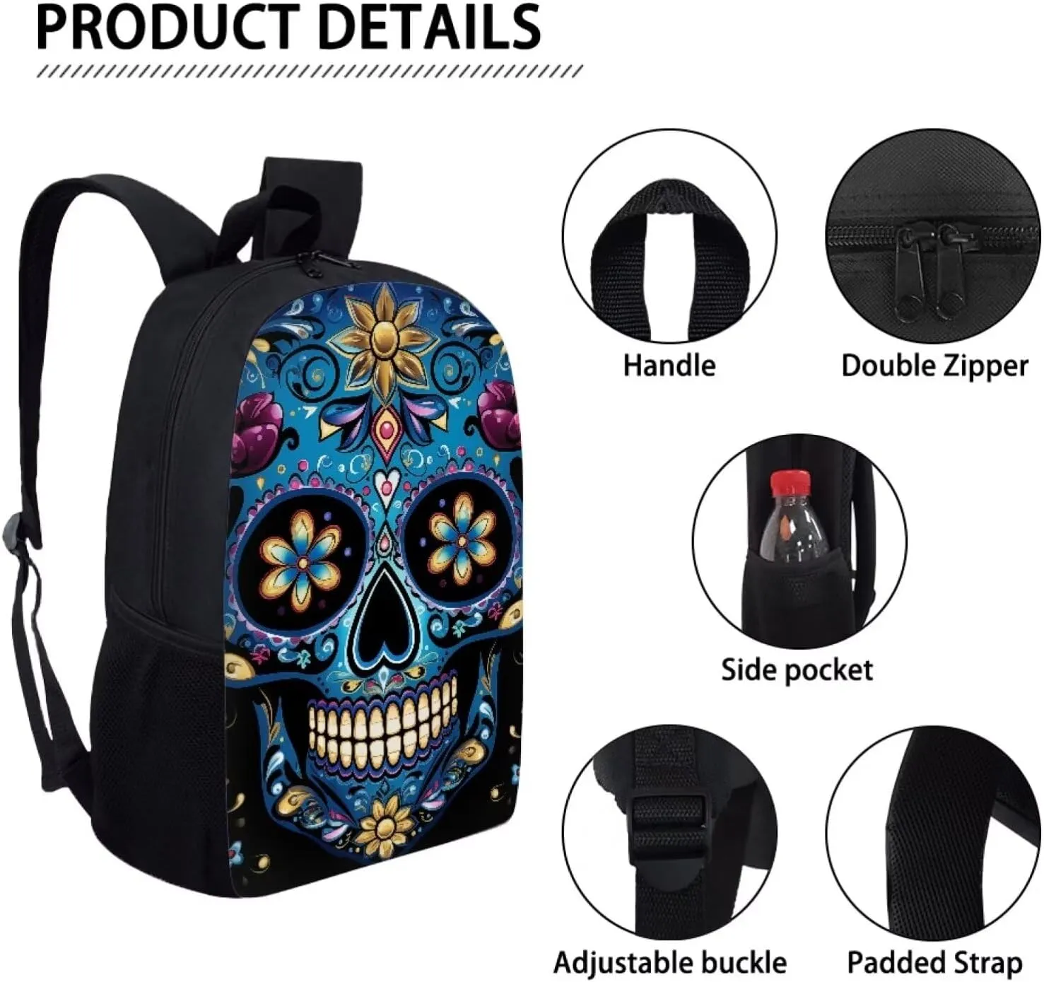 Howilath Sugar Skull 3 in 1 Backpack with Lunch Bag for Boys, 17 Inch Backpack Set for Teen Boys Cool Kids School Shoulder Bags Thermal Lunch Box and Pencil Case